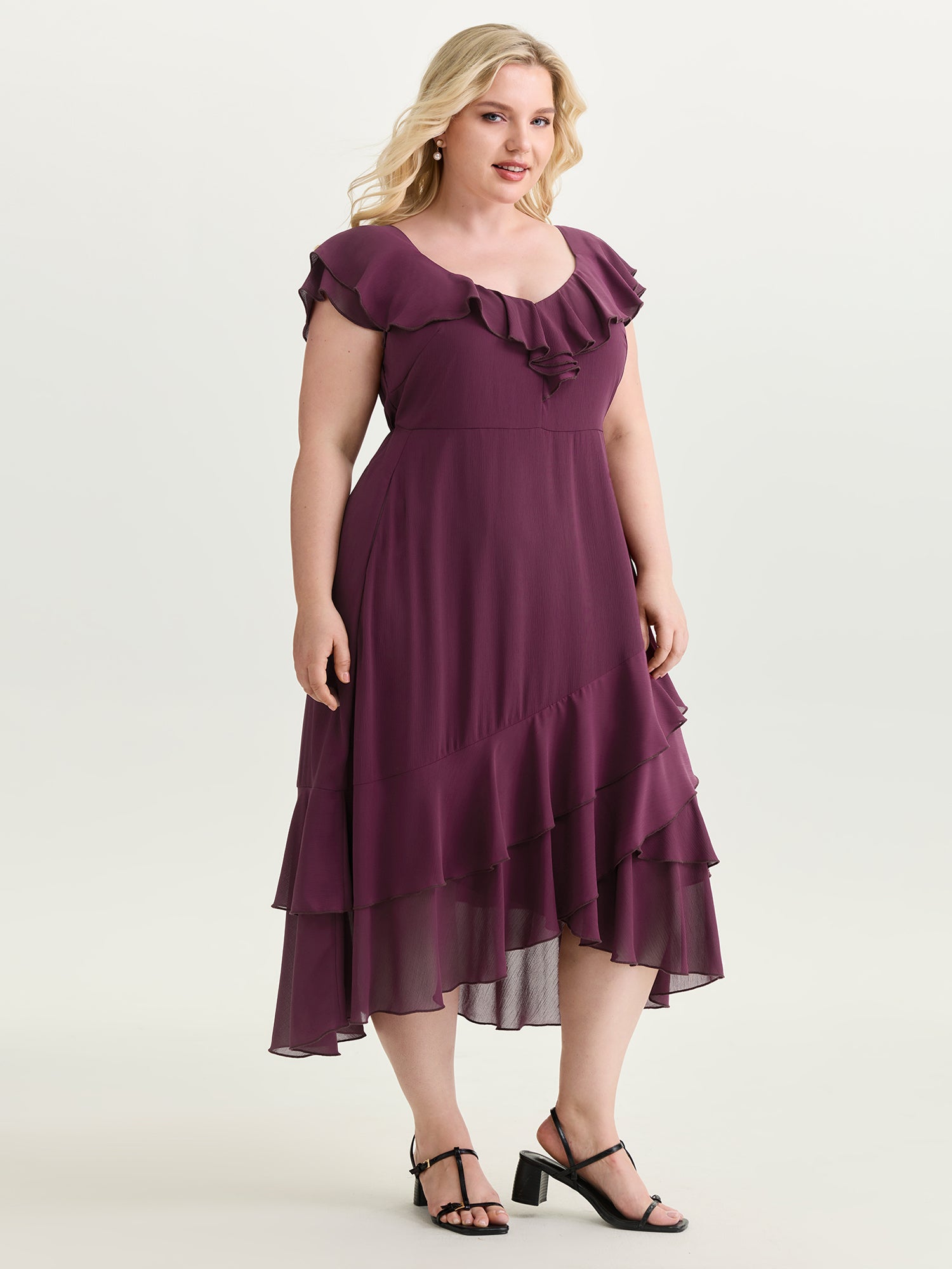 Ruffled Neckline Layered Hem Midi Dress