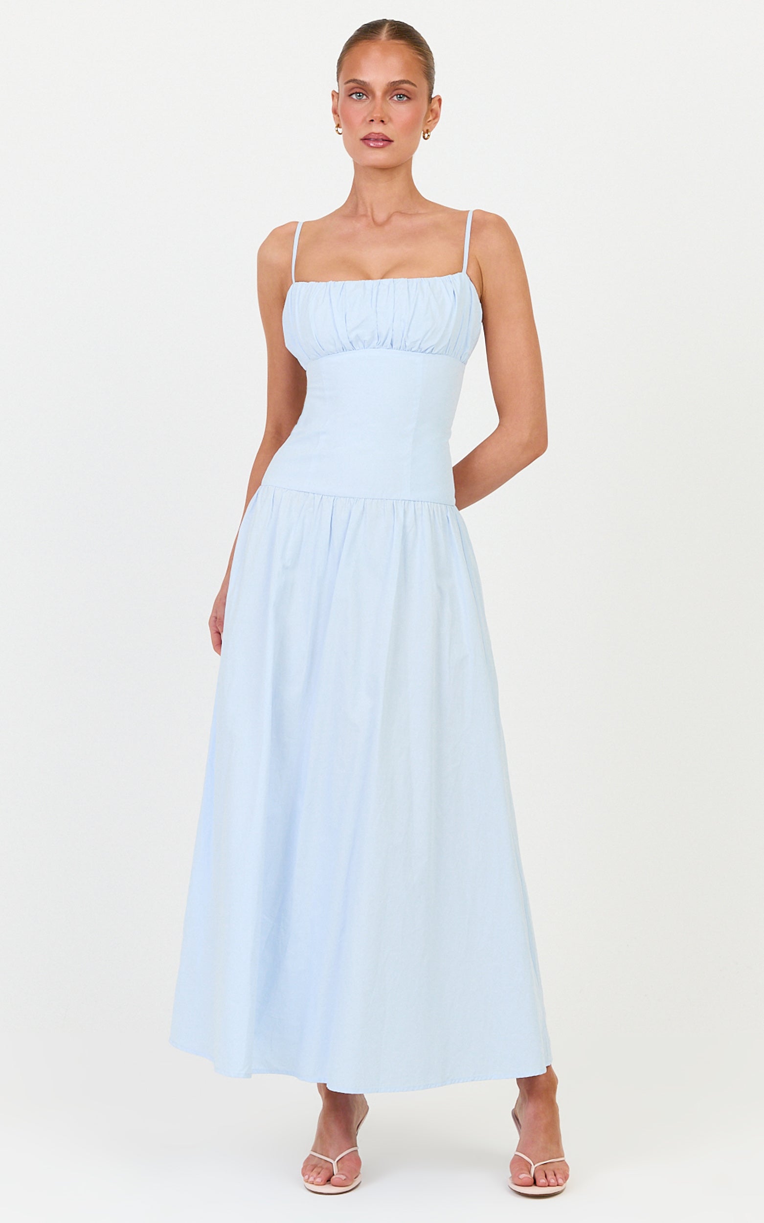 Amira Midi Dress - Gathered Bust Dropped Waist Dress in Pale Blue