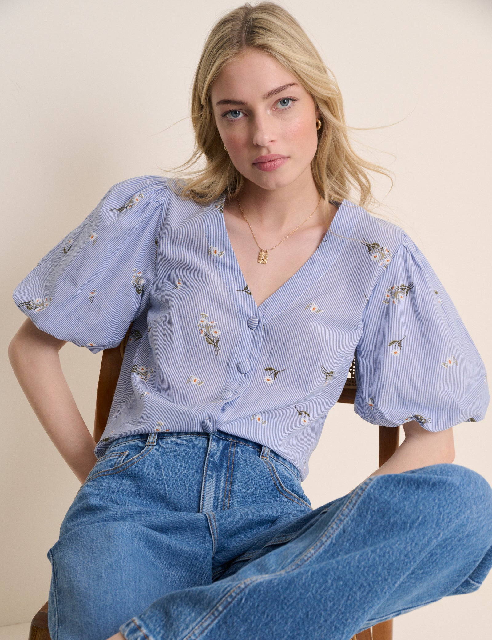 Blue Ditsy Floral Puff Sleeve Top