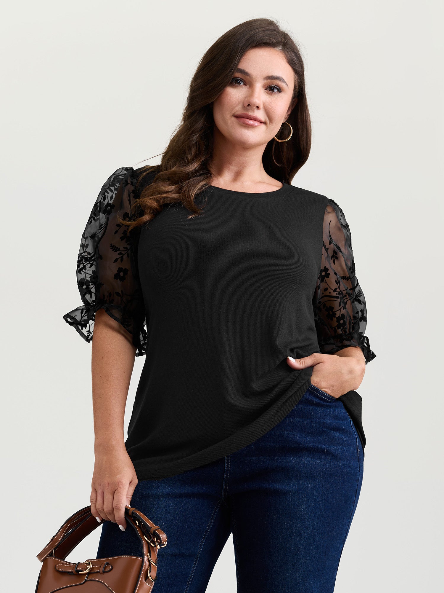 Sheer Puffy Sleeve Round Neck T-Shirt
