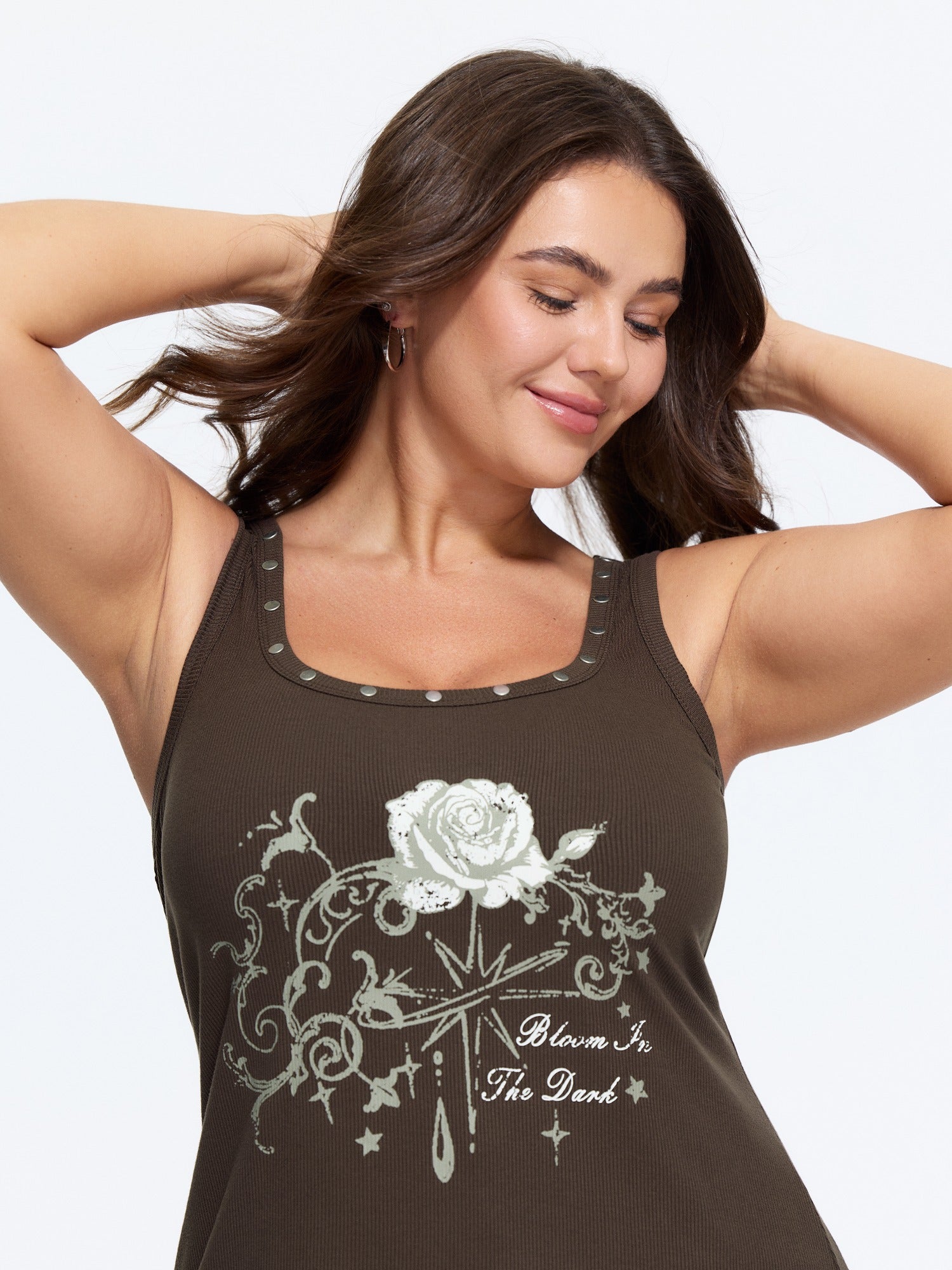 Supersoft Rose Print Rivet Trim Tank Top