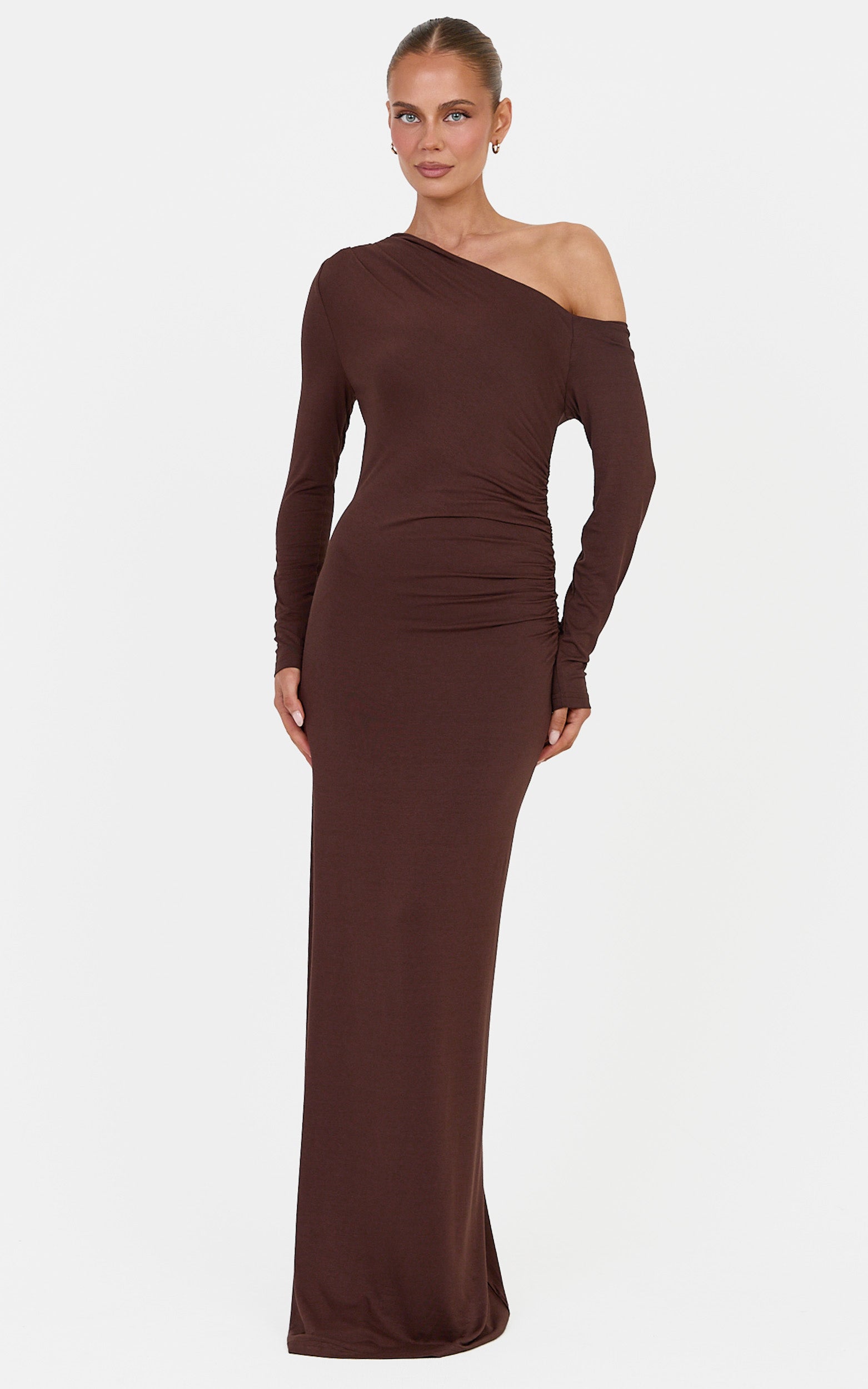 Lacy Maxi Dress - Asymmetrical Off Shoulder Long S in Chocolate