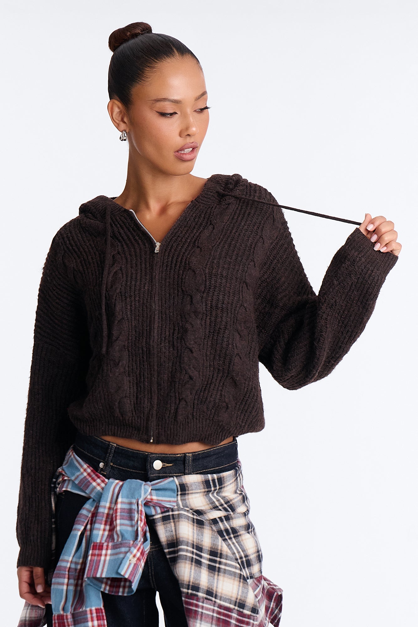 Carly Cable Knit Cardigan Sweater - Chocolate