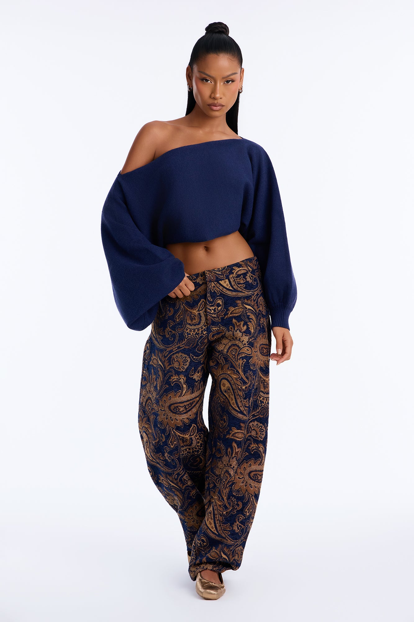 Jasmine Jacquard Barrel Leg Pant - Navy/combo