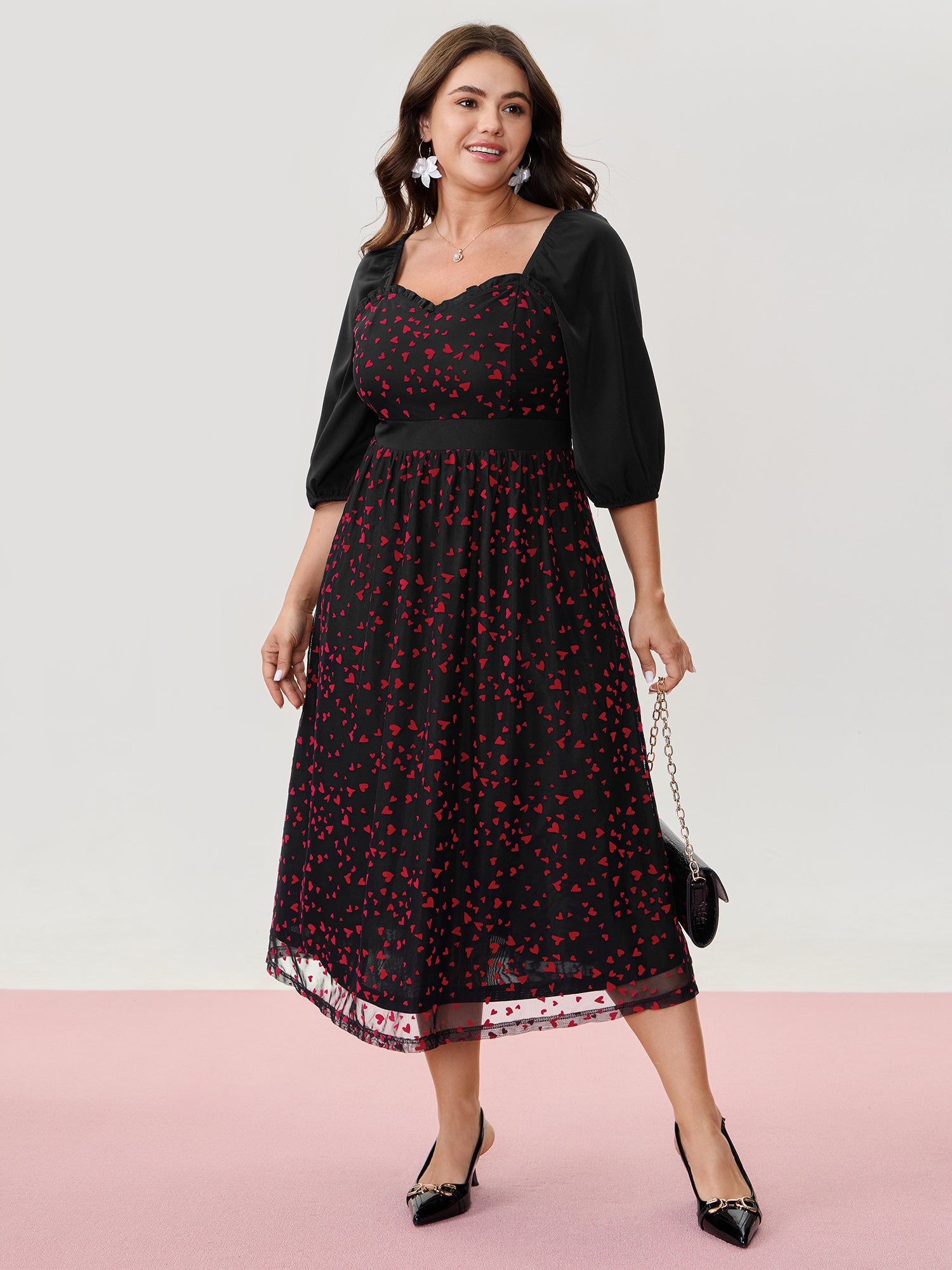 Love Flocked Mesh Shirred Waist Midi Dress