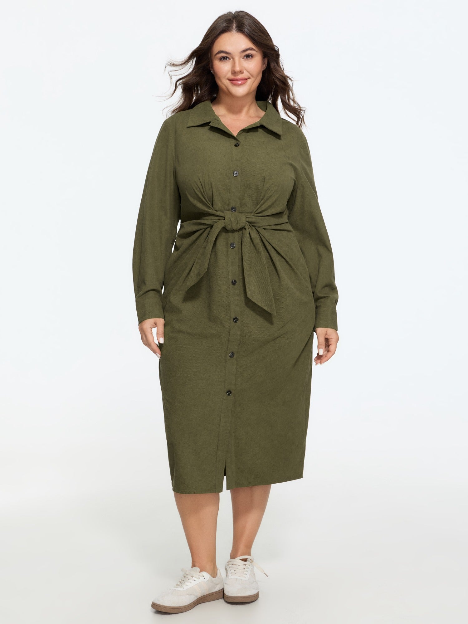 Lapel Collar Button Front Tie Waist Midi Dress