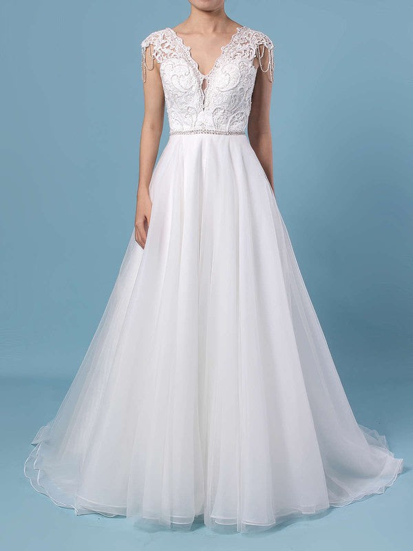 Deluxe V-Neck A-Line Tulle Sweep Train Wedding Dresses with Appliques