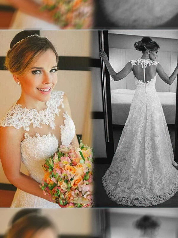 Charming A-Line Jewel Sleeveless Lace Sweep Train Wedding Dresses