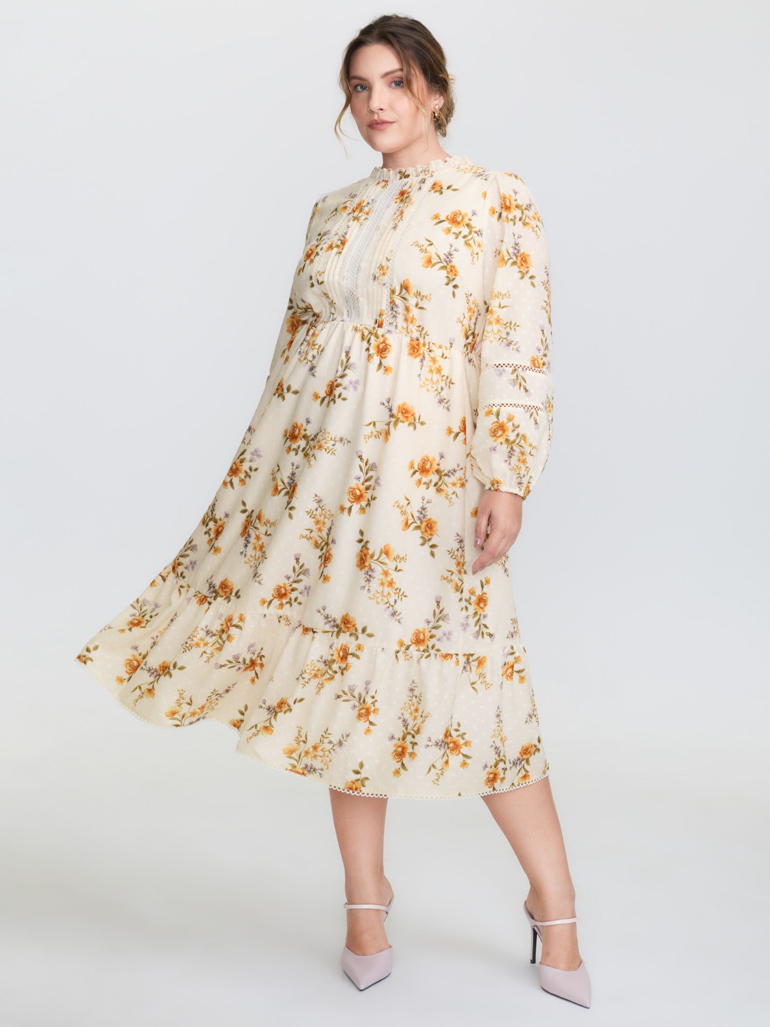 Floral Textured Lace Trim Flowy Midi Dress