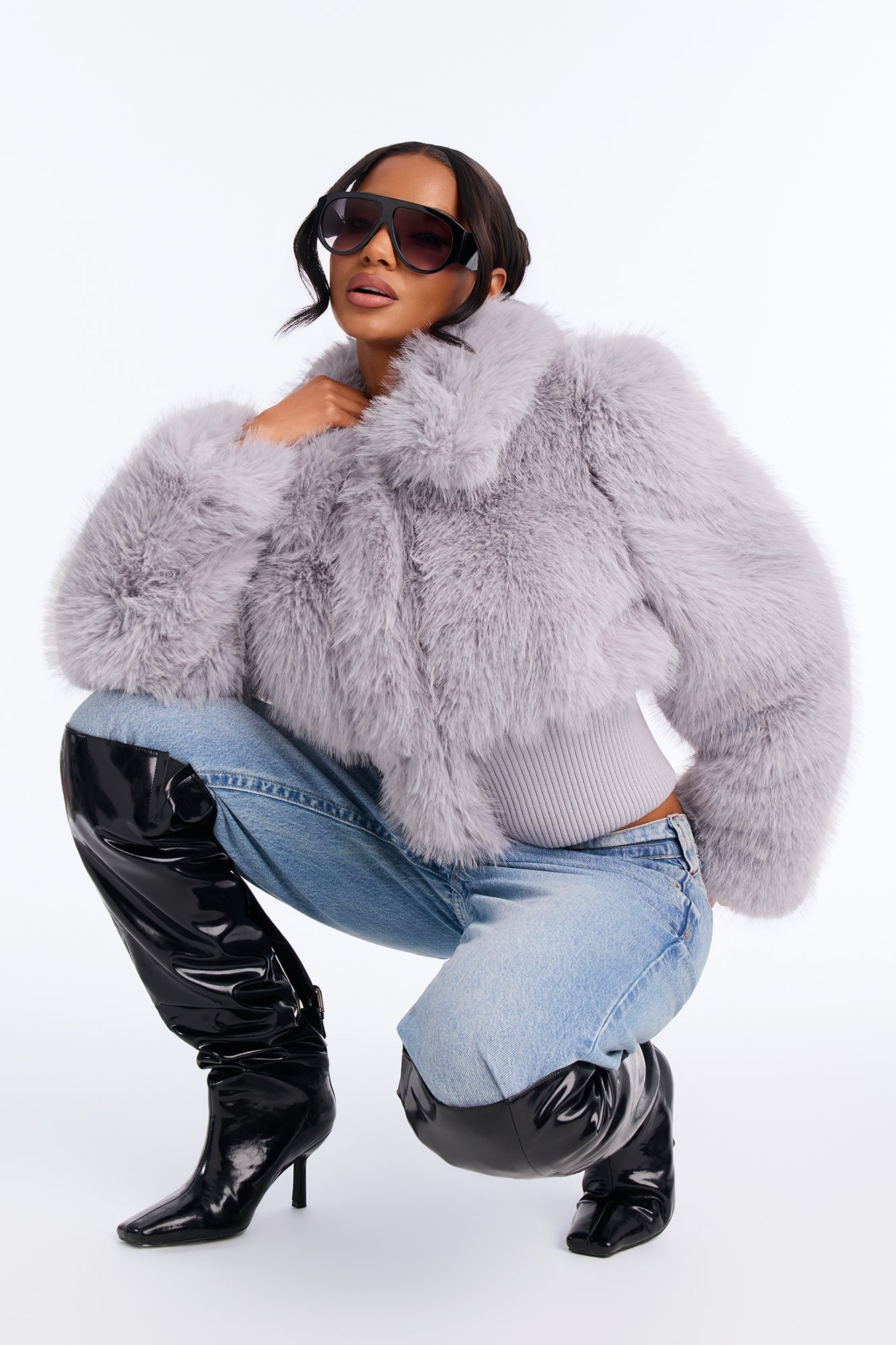 Janice Fitted Waist Faux Fur Bomber Jacket - Grey