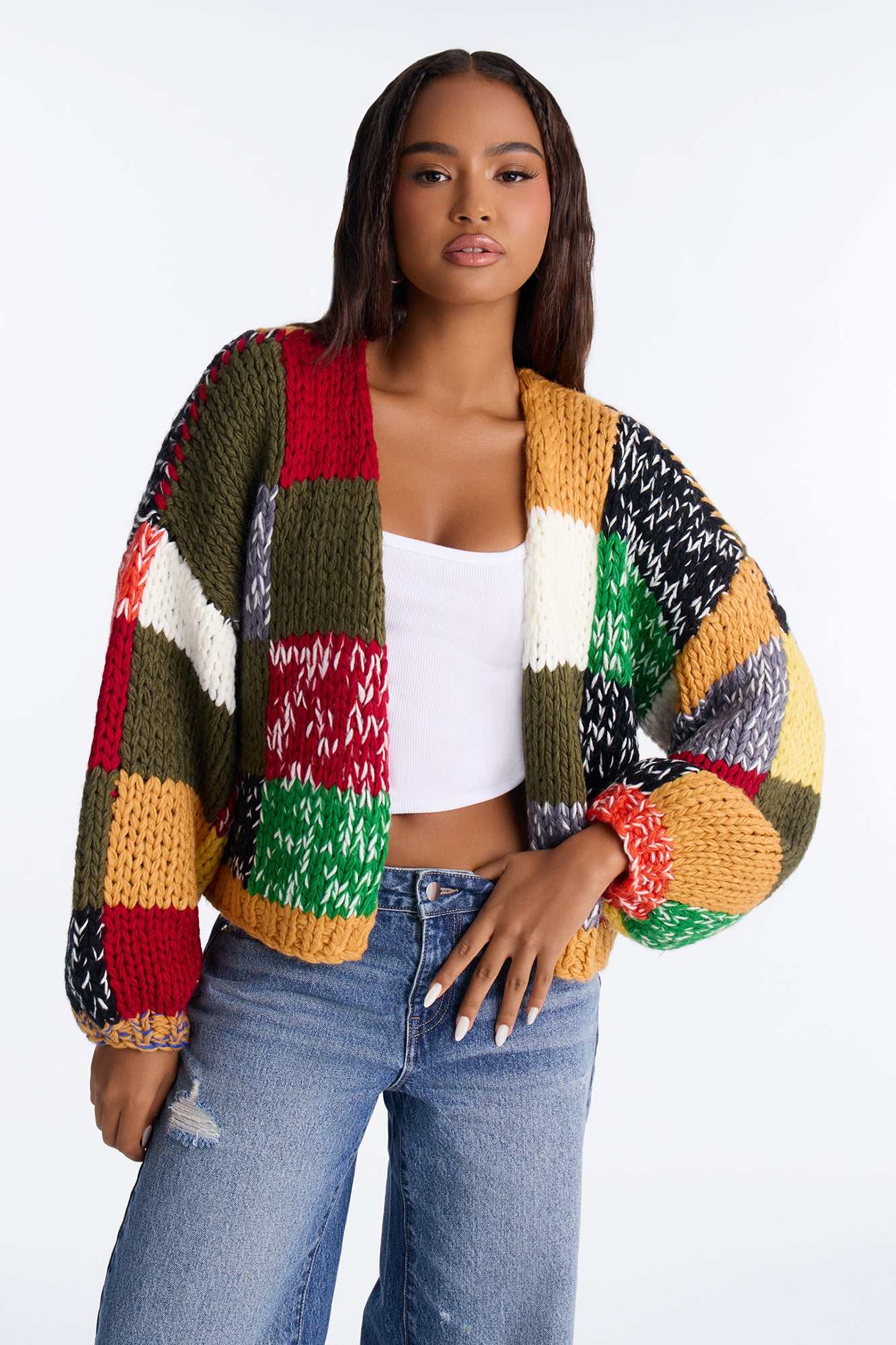 All The Vibes Chunky Knit Cardigan - Olive/combo
