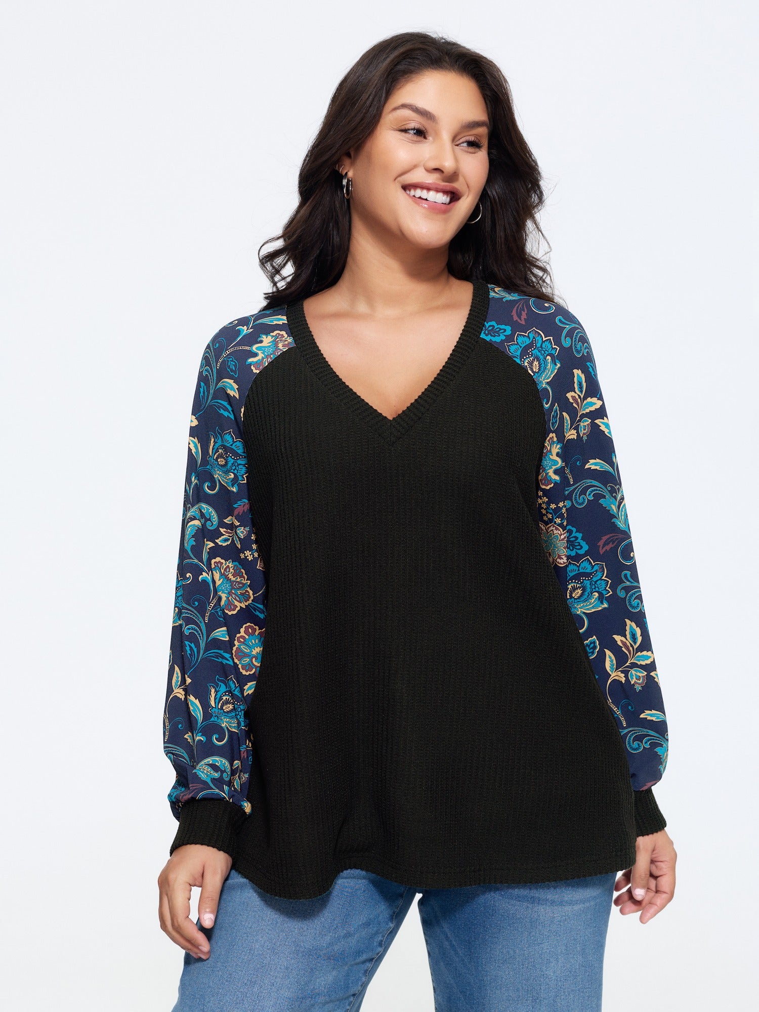 Stretch Floral Print Raglan Sleeve Sweatshirt