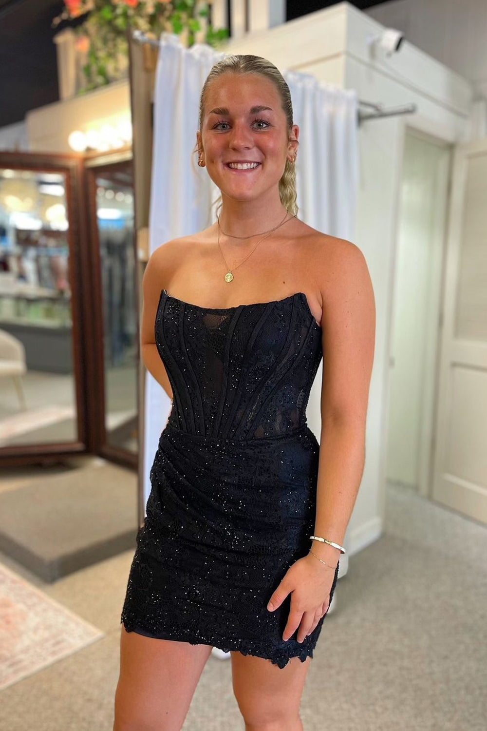 Sparkly Black Corset Strapless Tight Short Homecoming Dress/Mini Dress