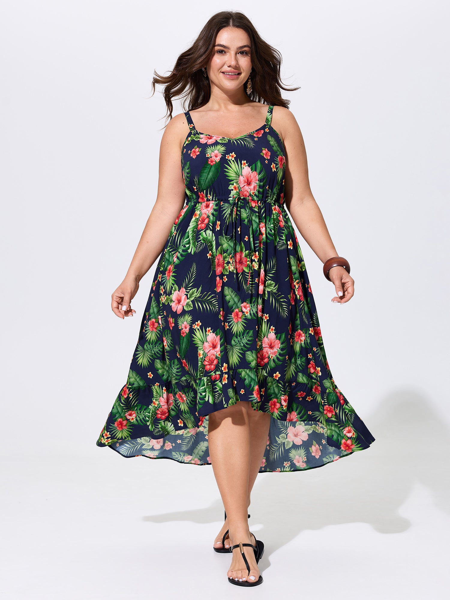 Vibrant Floral Print High Low Hem Midi Dress