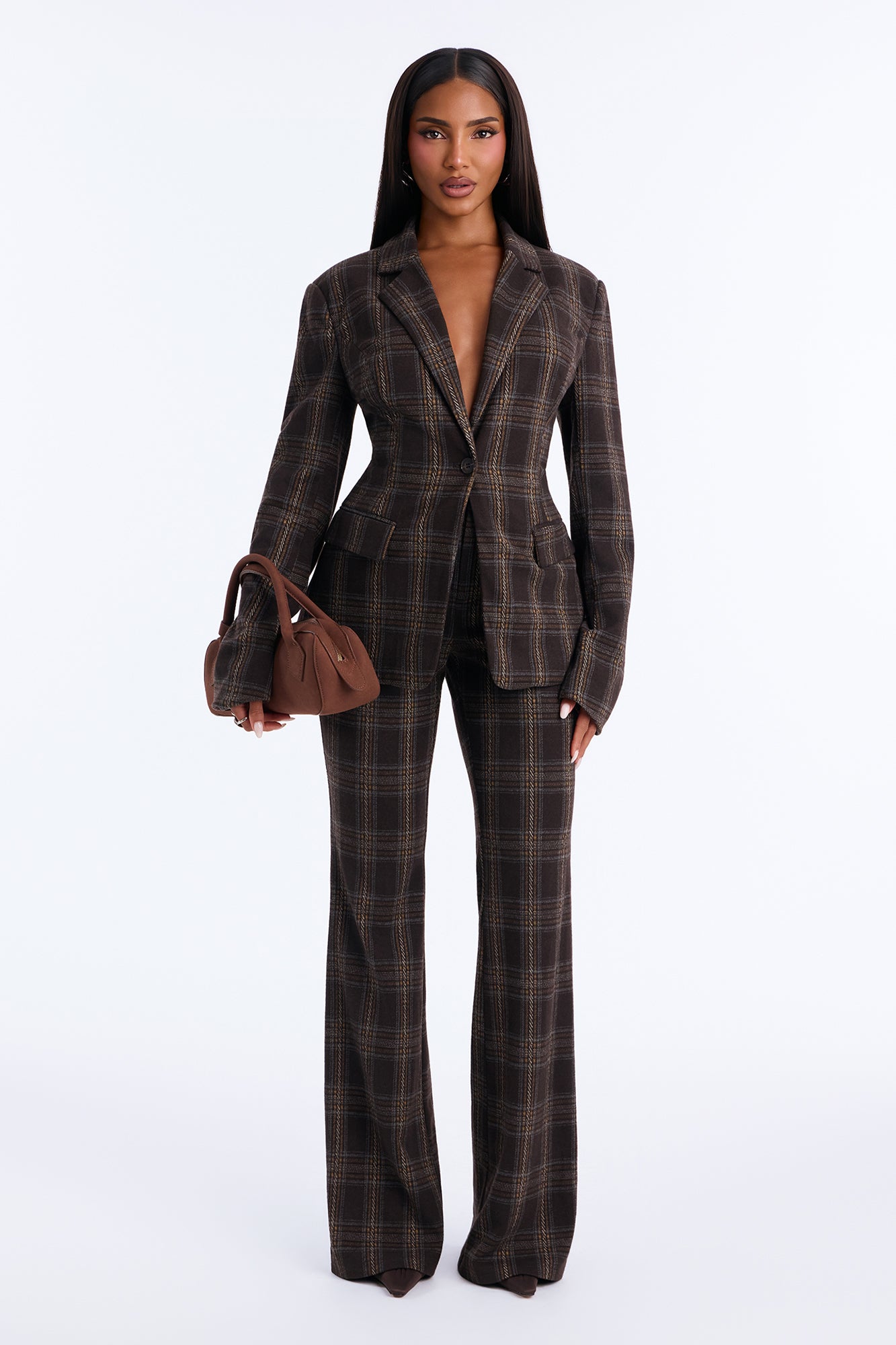 Iris Plaid Flare Pant Set - Brown