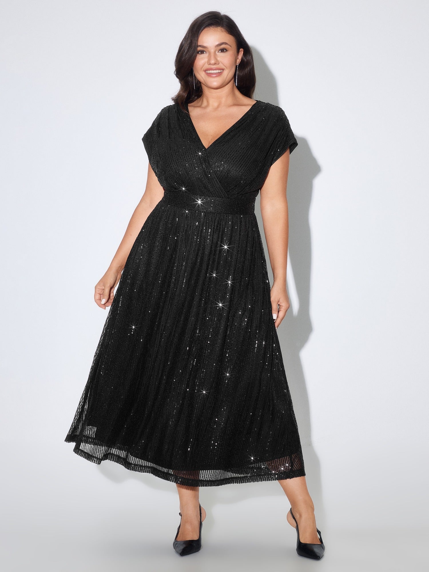 Wrap Neck Sequin Ruched Midi Dress