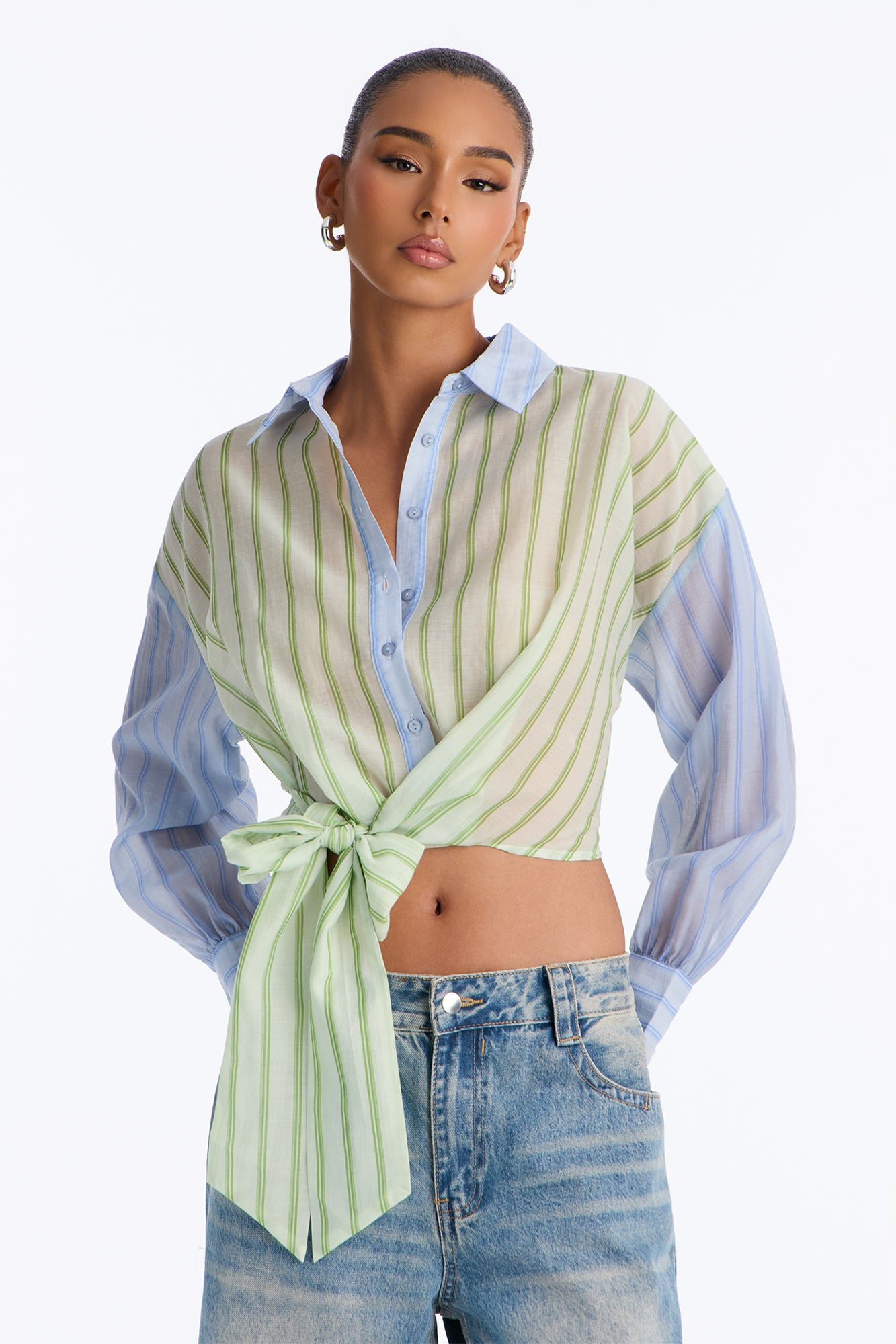 Heidi Striped Button Up Cropped Shirt - Mint/combo