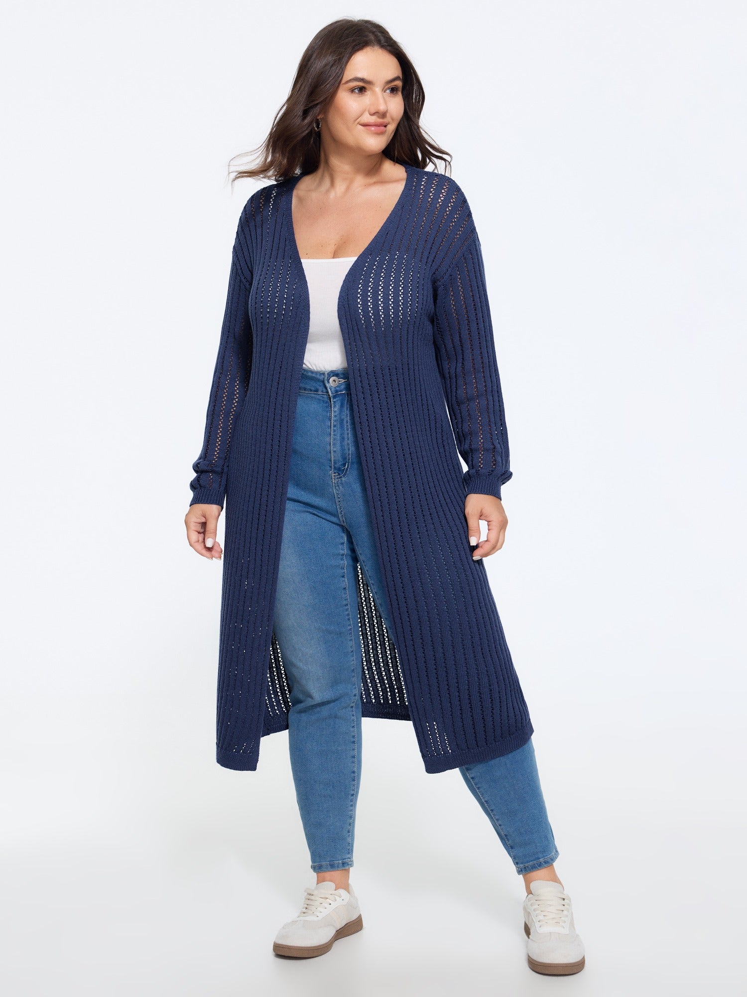 Textured Cut Out Open Front Long Cardigan