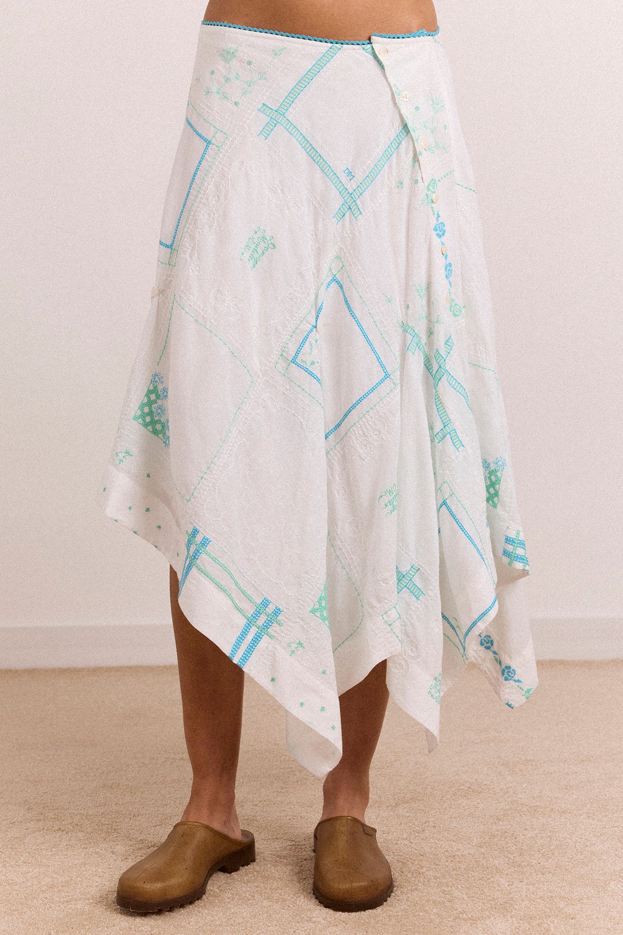 Corinne Hanky Hem Midi Skirt - White/Blue Embroidery