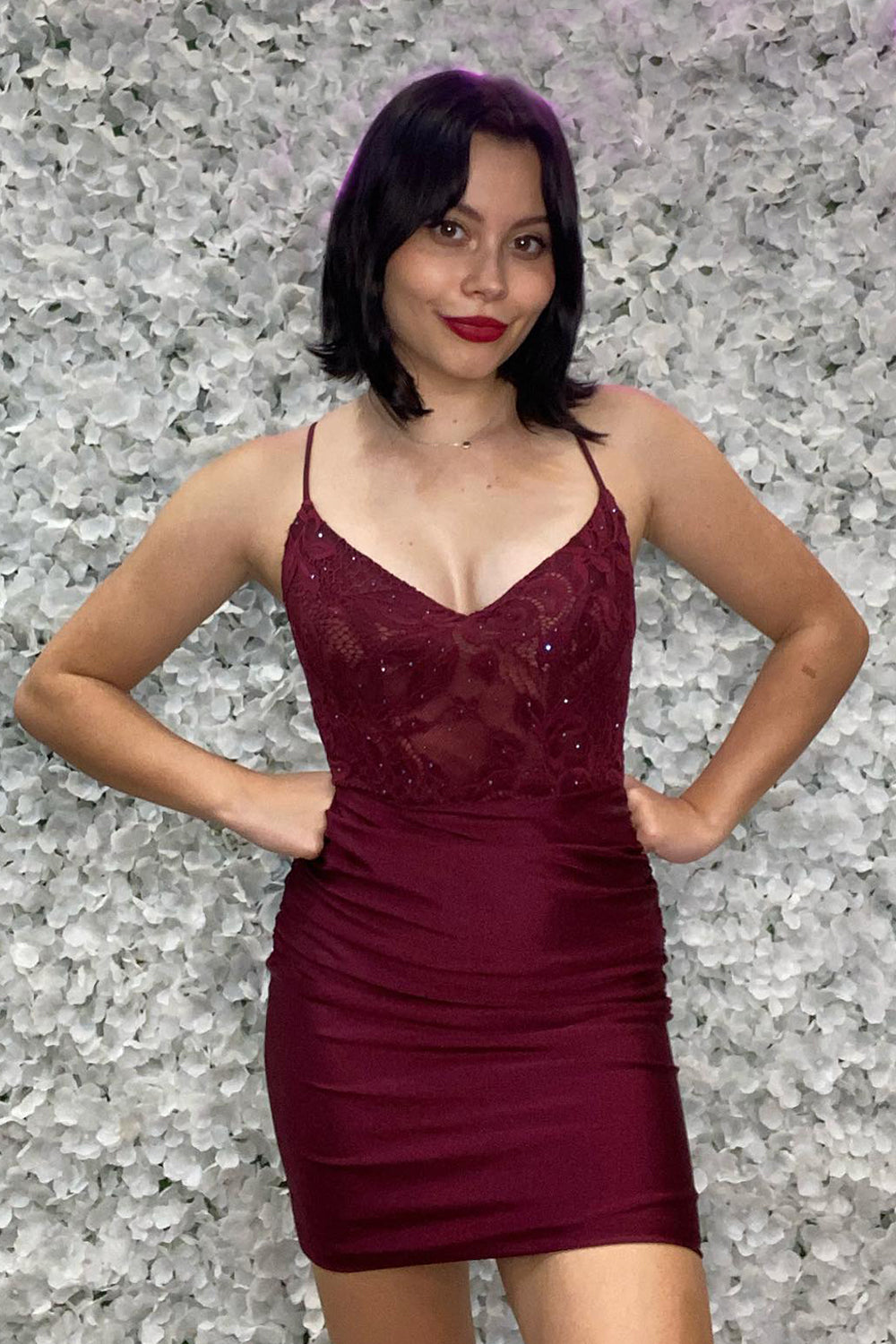 Sparkly Beaded Burgundy Spaghetti Straps Tight Short Homecoming Dress/Mini Dress