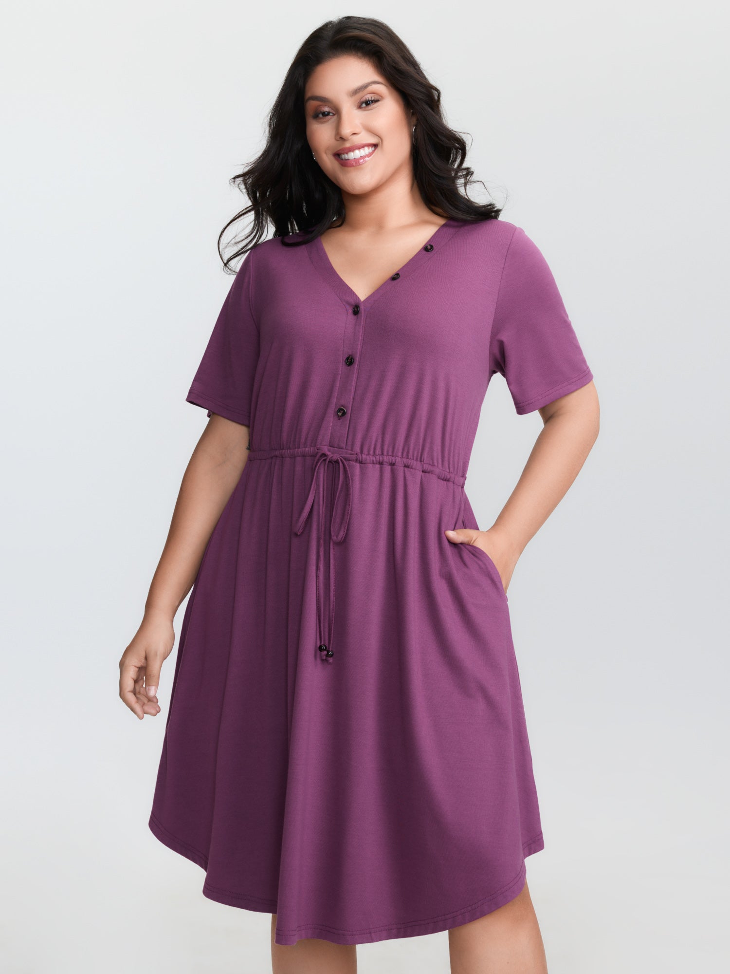 Supersoft Drawstring Waist Button Placket Mini Dress