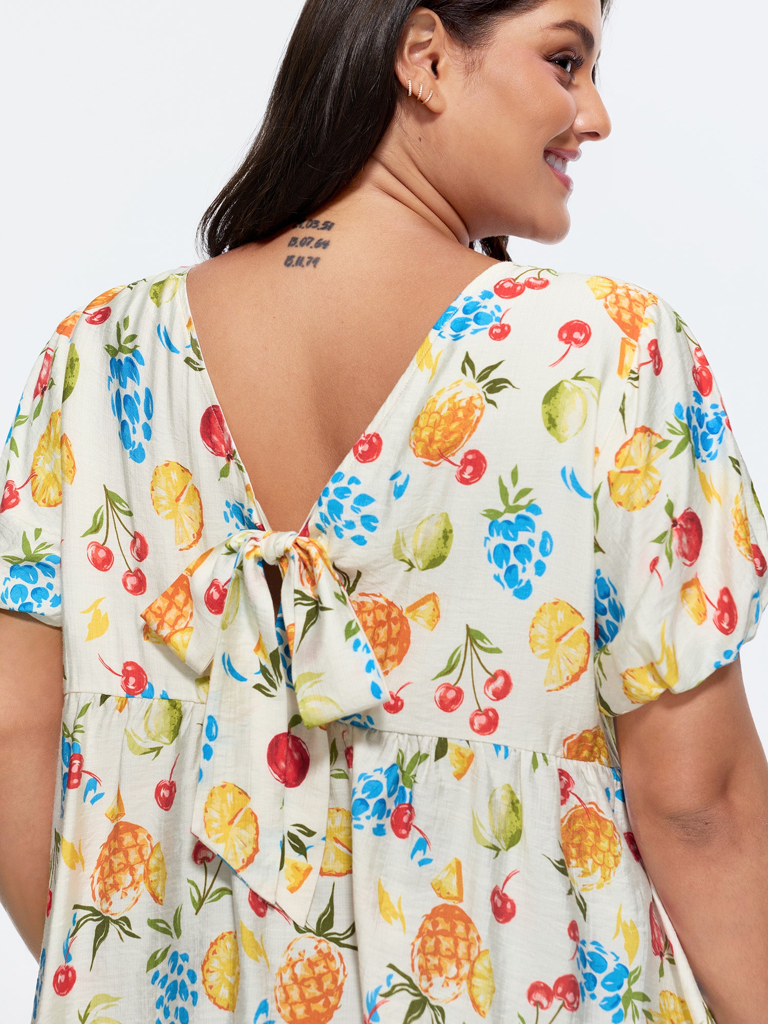 Fruit Print Bowknot Pleated Neckline Blouse