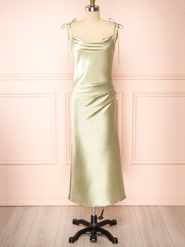 Beautiful Column Cowl Neck Satin Tea-Length Bridesmaid Dresses