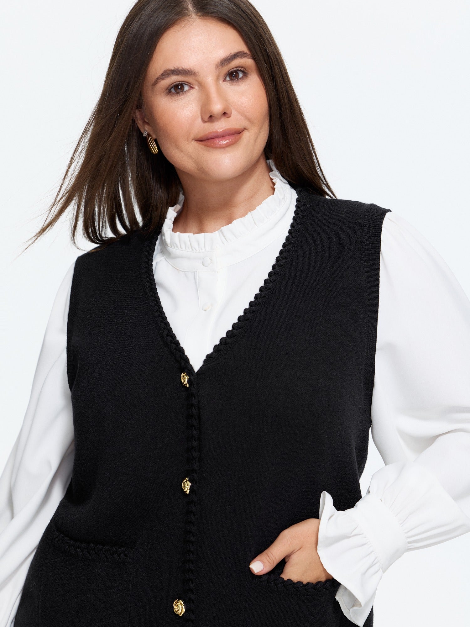 Supersoft Tweed‑Trim Pocket Sweater Vest