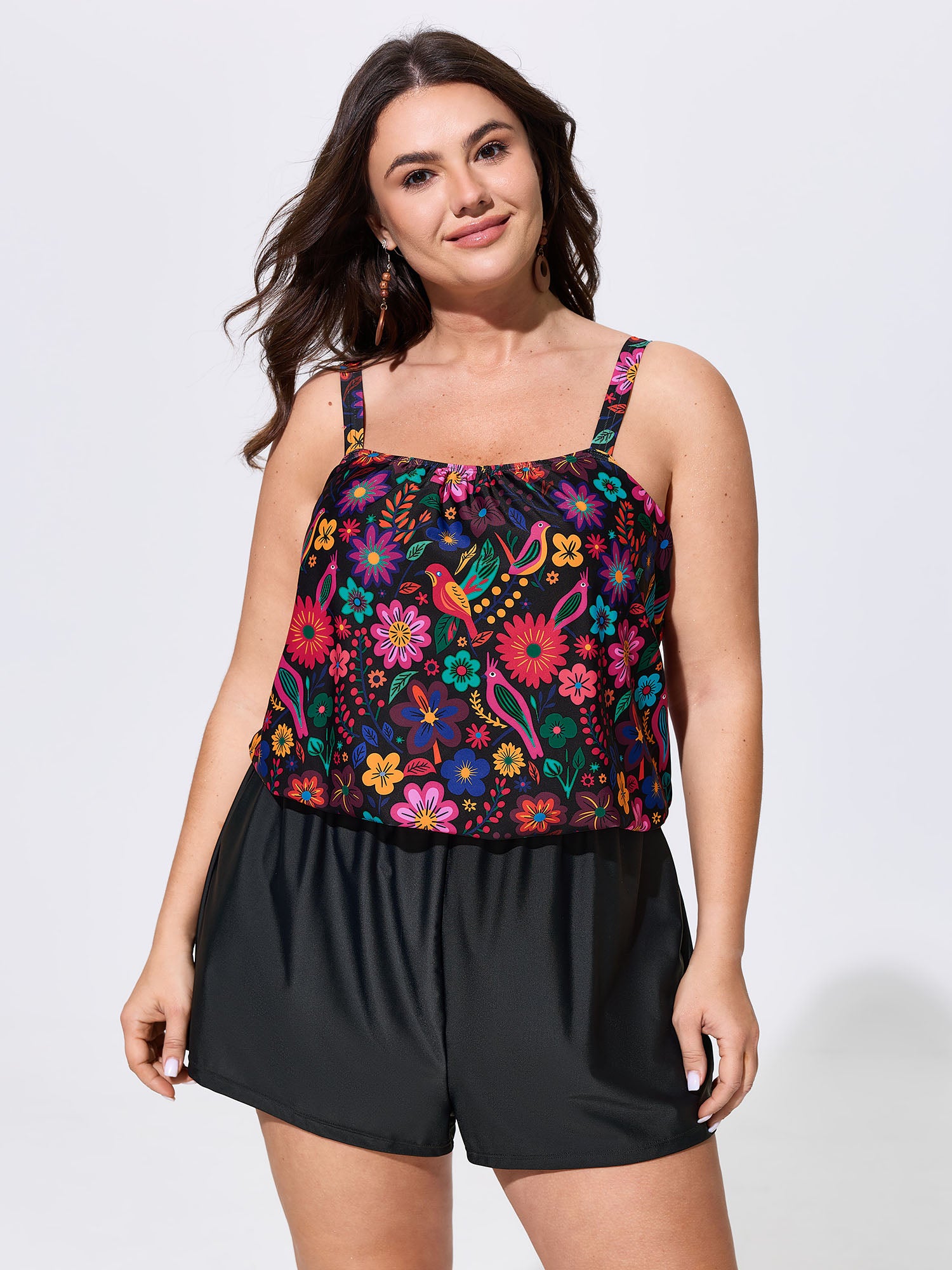 Floral Bird Print Pocket One Piece Swimsuit