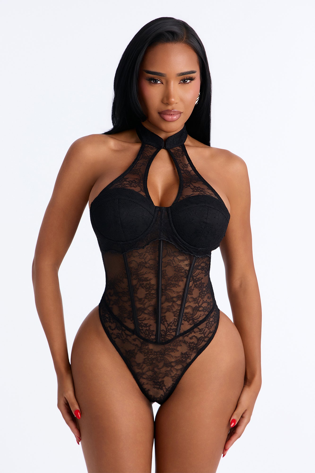 Intrusive Thoughts Lace Mock Neck Bodysuit - Black