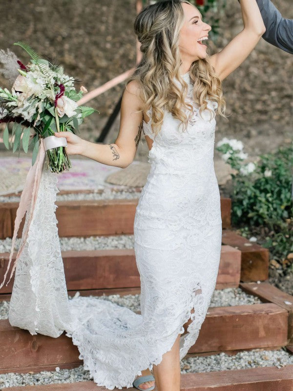 Fashionable Sleeveless High Neck Mermaid Lace Court Train Wedding Dresses with Split