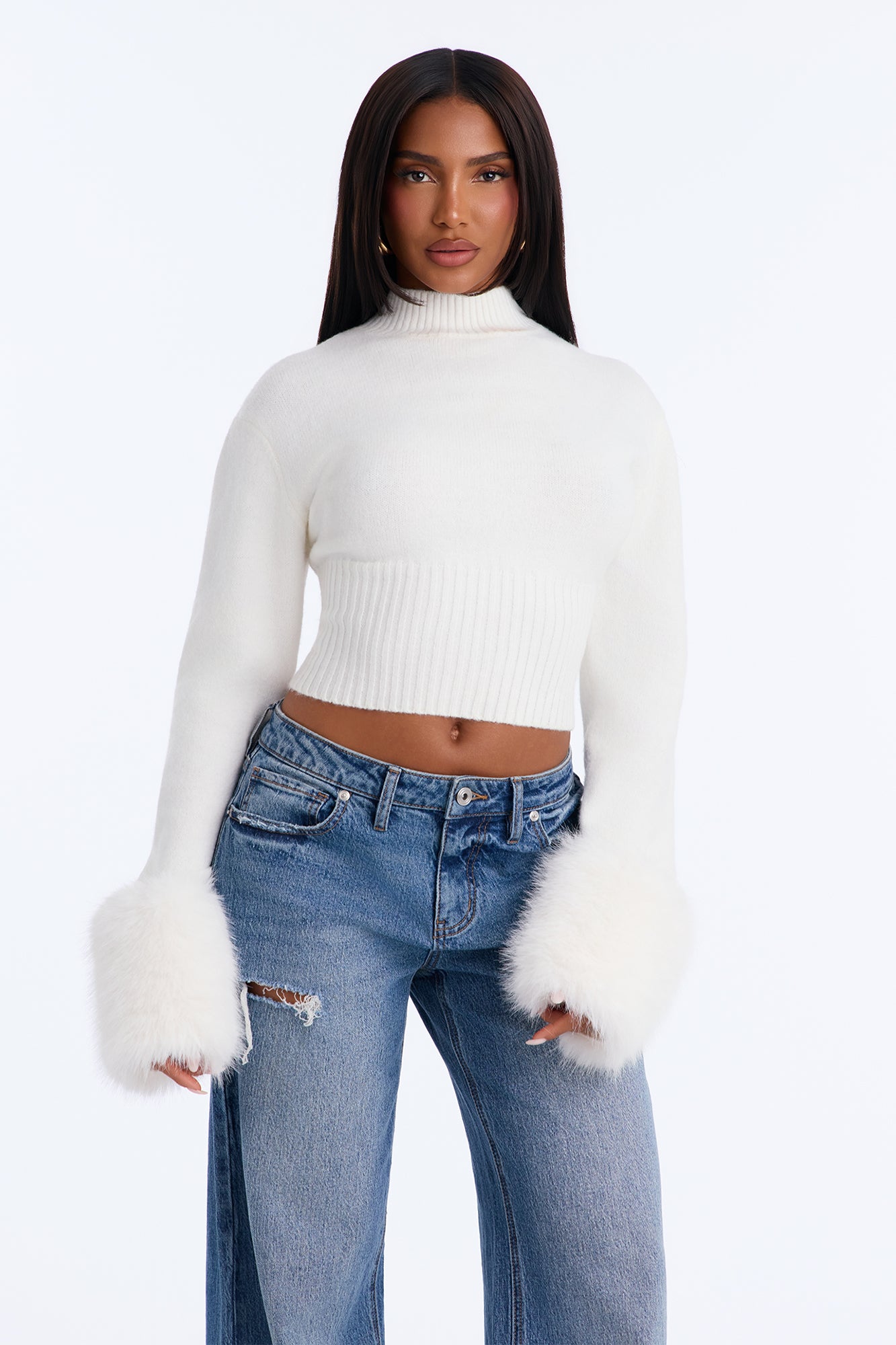 Randi Cropped Fur Cuff Pullover Sweater - White