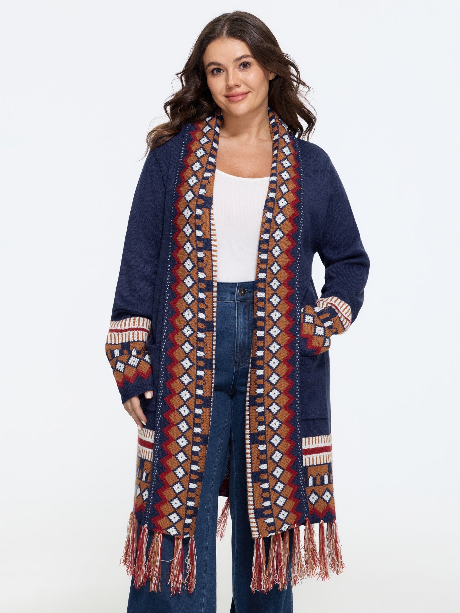 Boho Geometric Jacquard Fringe Hem Long Cardigan