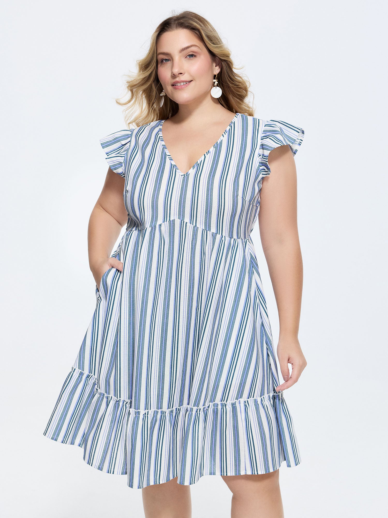 Linen Blend Nautical Striped Print Ruffled Mini Dress