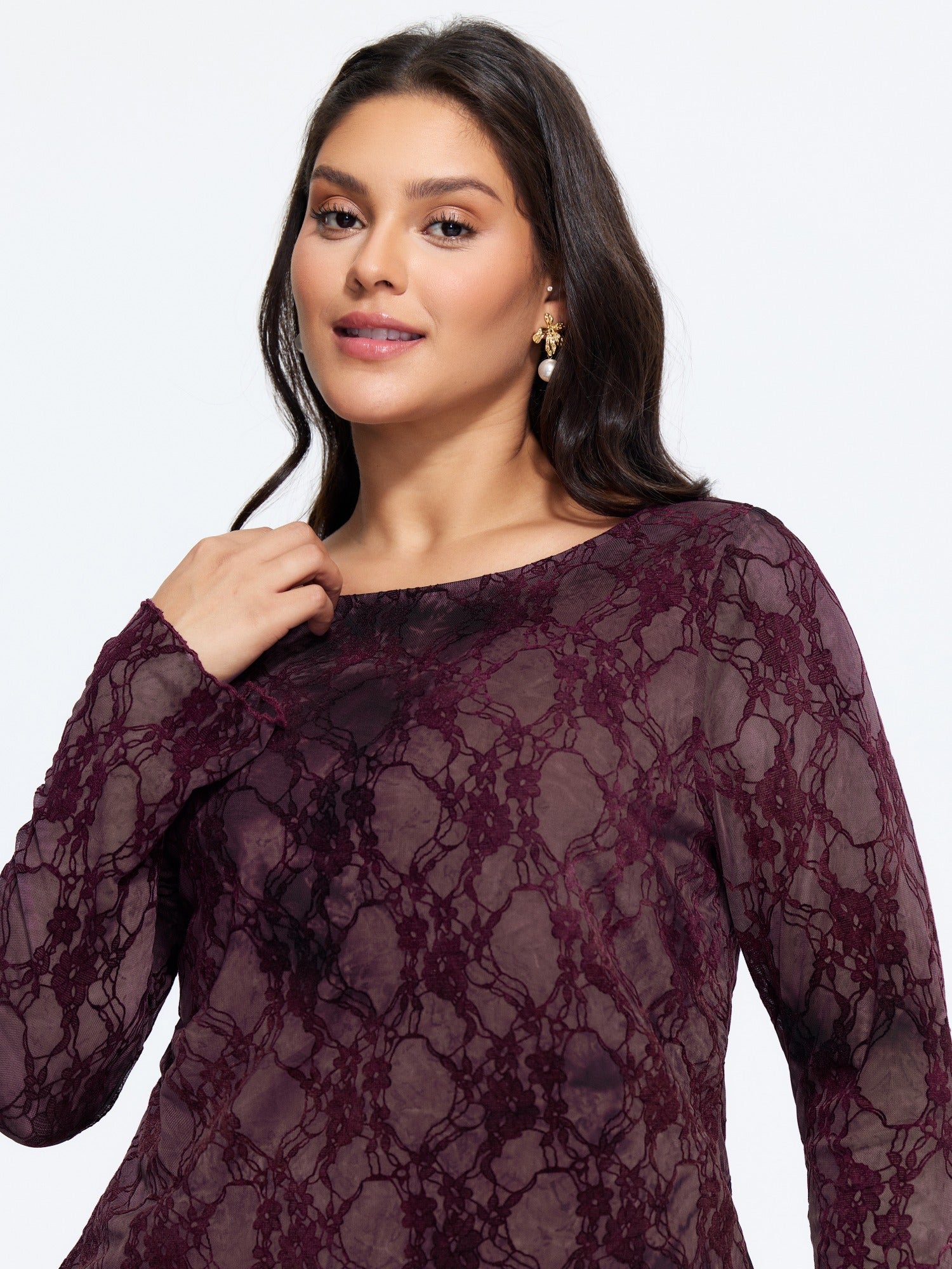 Stretch Boat Neck Floral Flocked Mesh Top