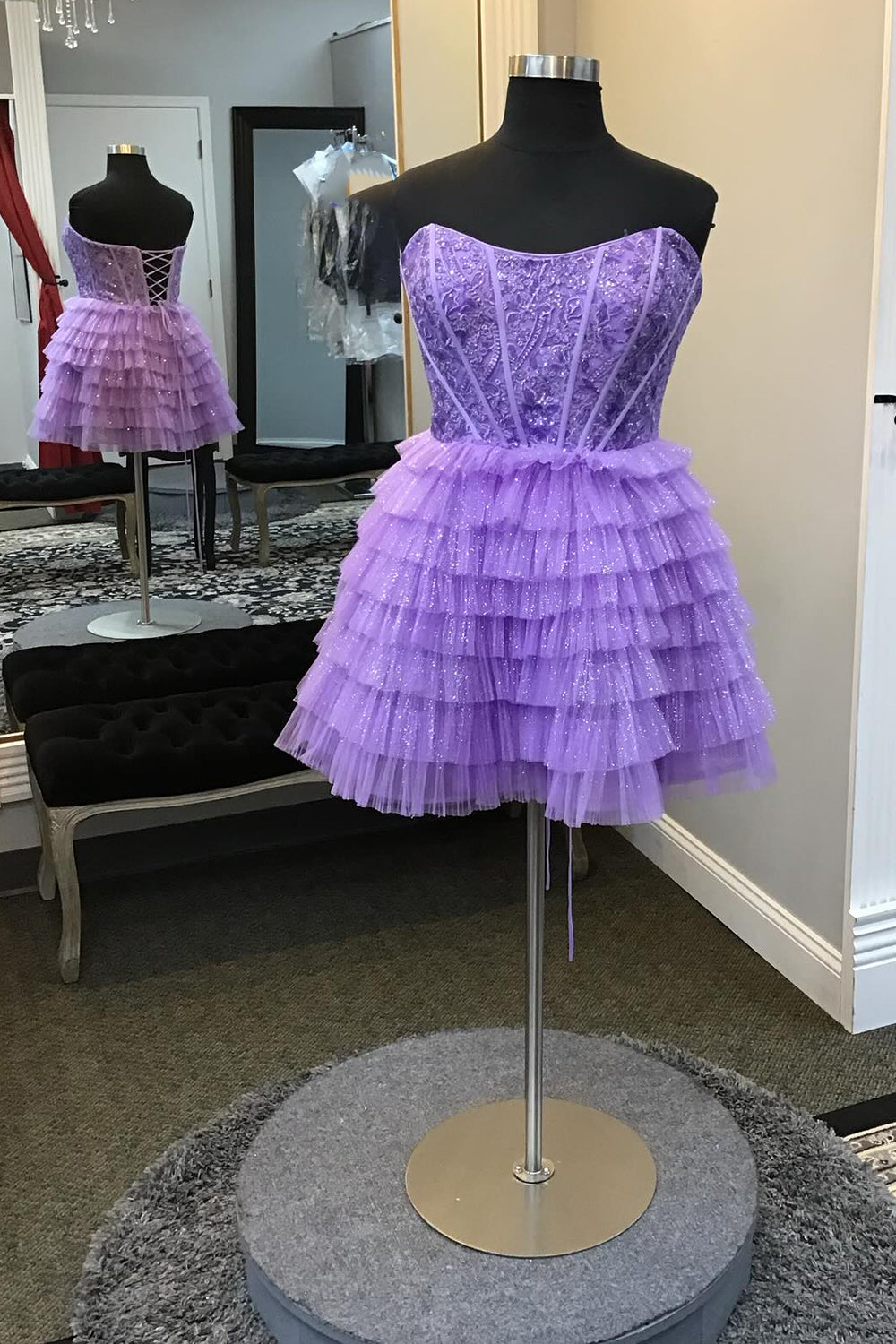 Sparkly Purple Strapless Corset A Line Short Homecoming Dress/Mini Dress with Ruffles