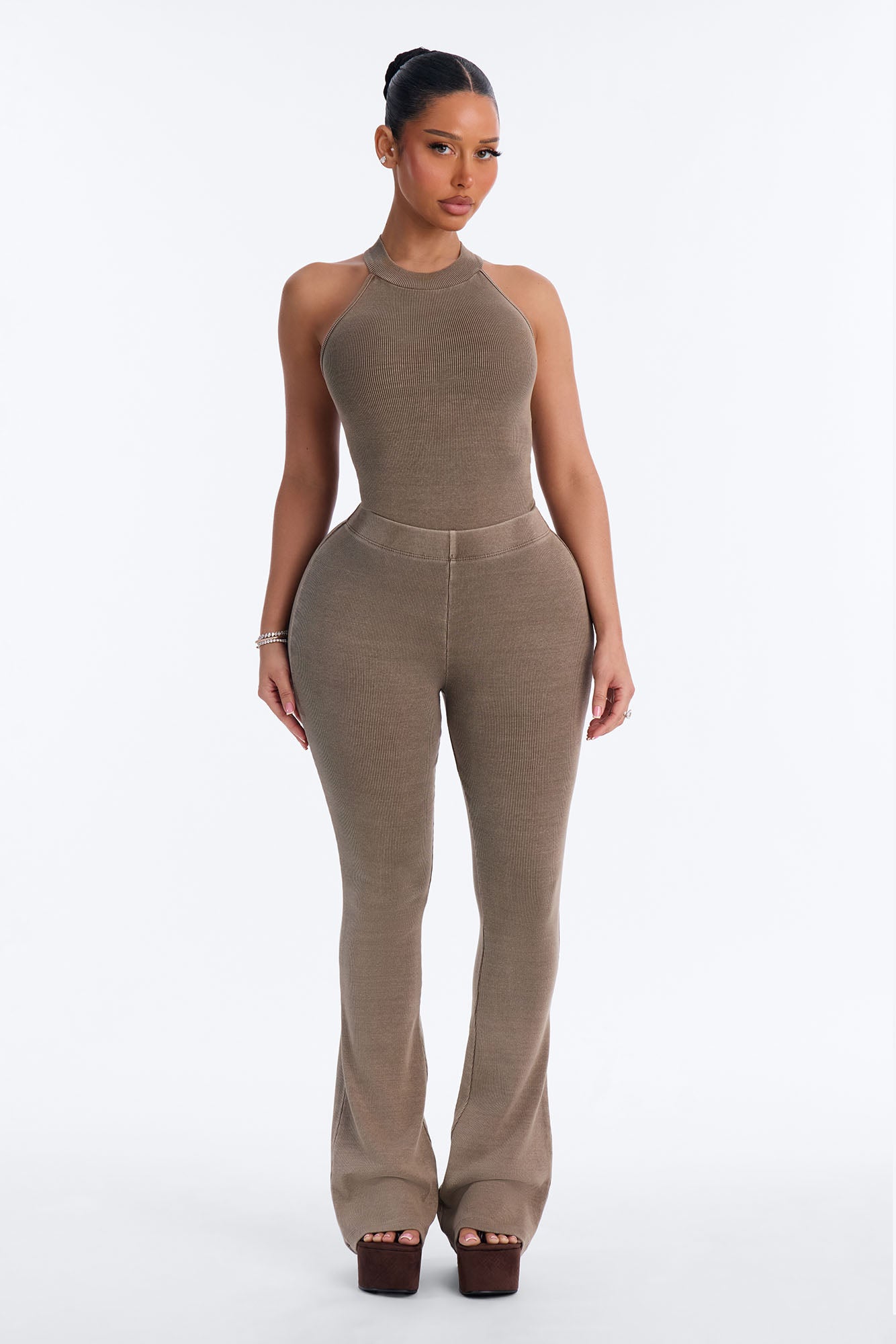 Tony Washed Ribbed Bodysuit Flare Pant Set - Washed Mocha