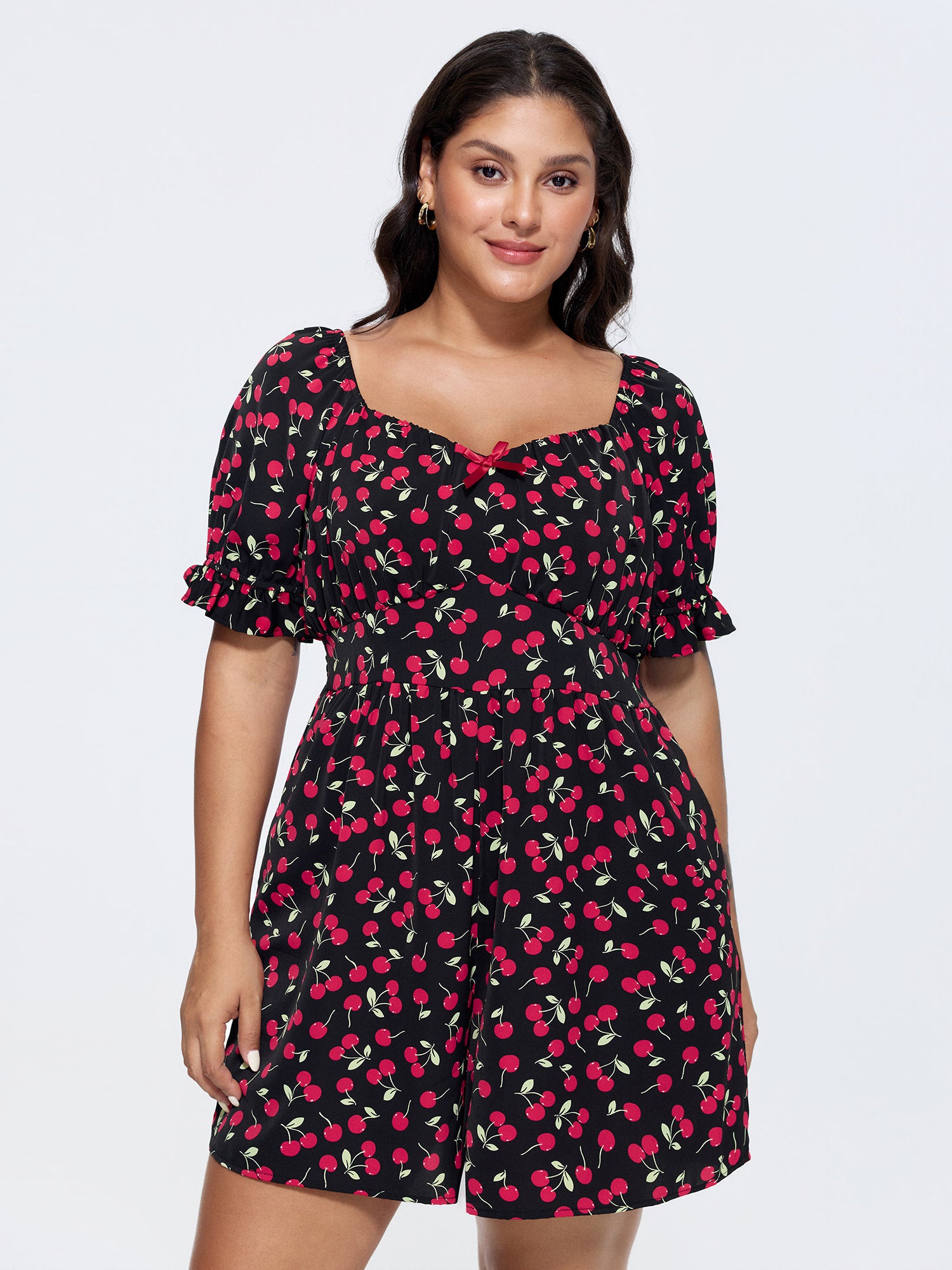 Cherry Print Puffy Sleeve Lace Romper