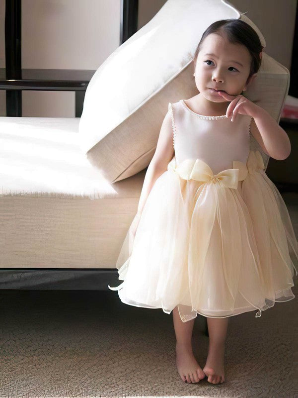 Glamorous A-Line Crew Neck Satin Tulle Tea-length Bow Flower Girl Dresses