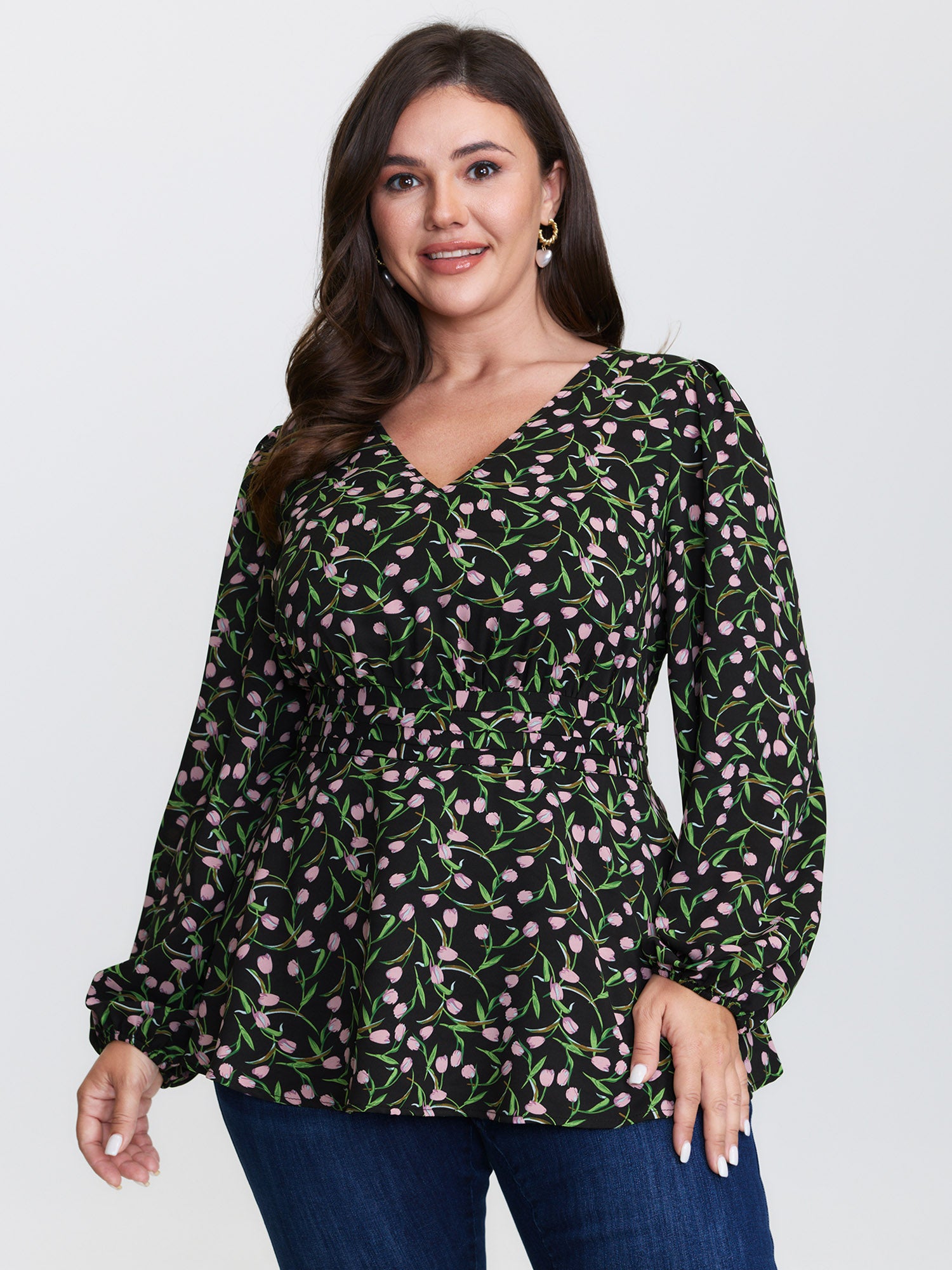 Tulip Print Cinched Flared Blouse
