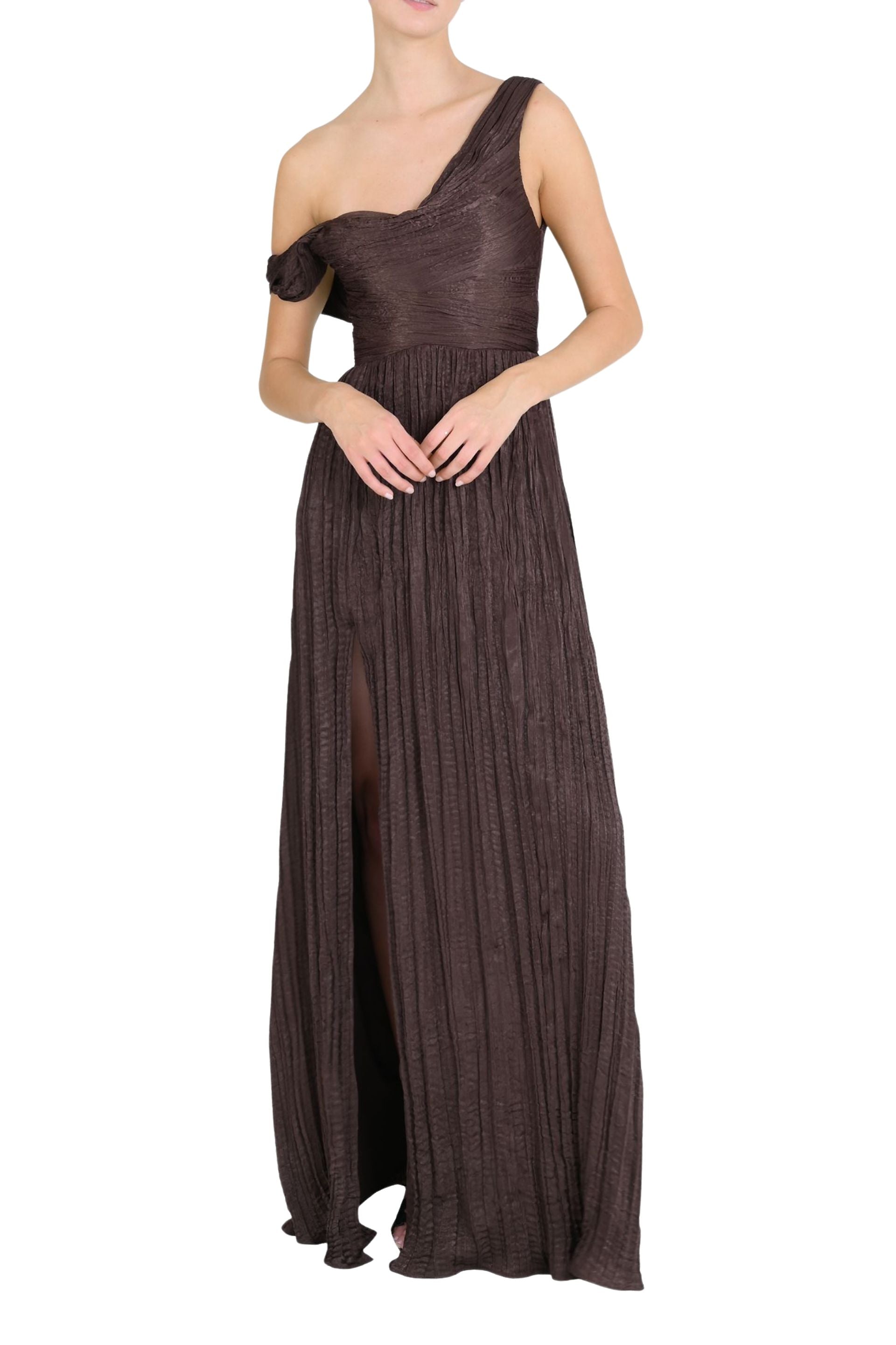 One-Shoulder Pleated Satin Gown