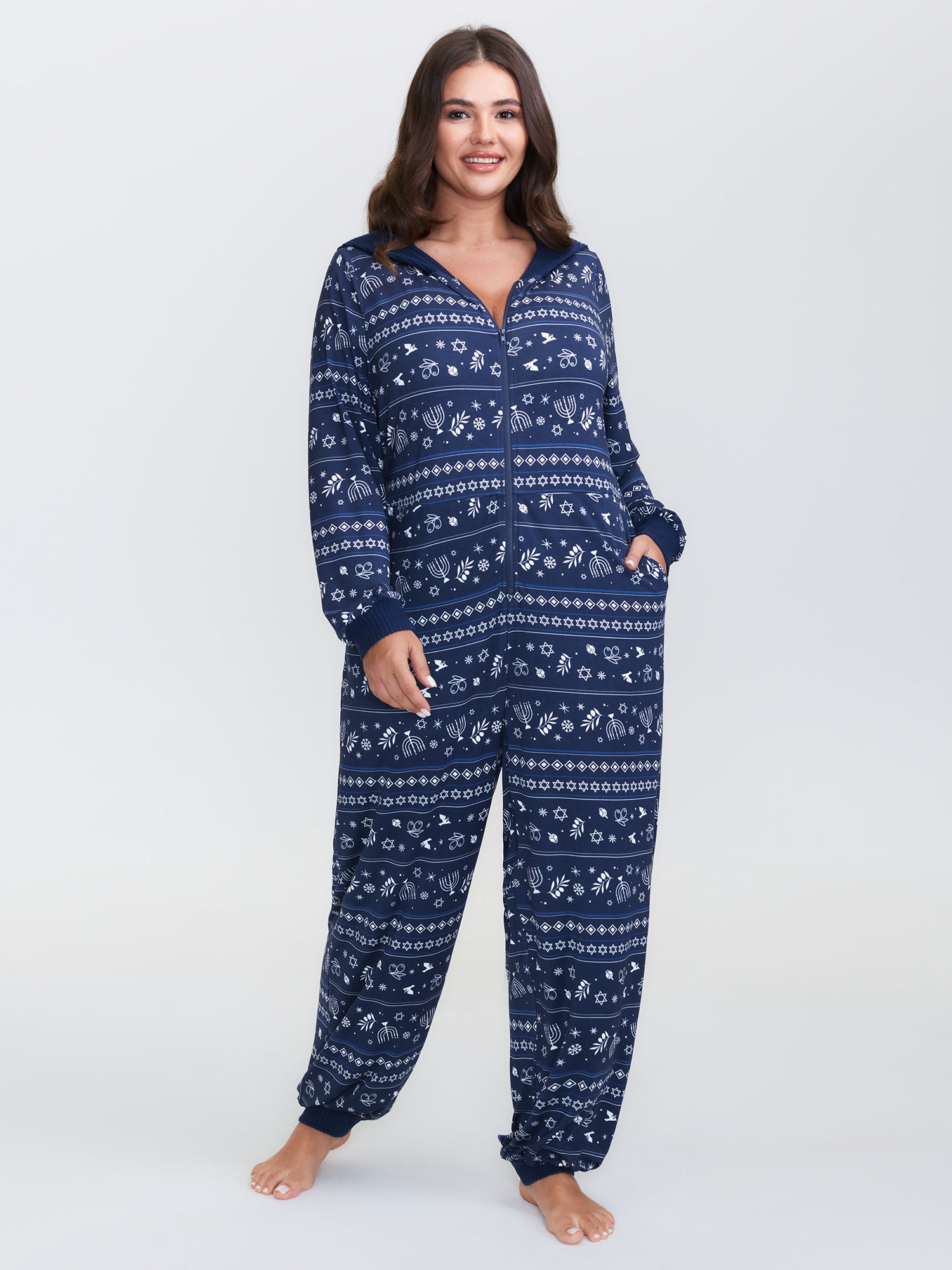 Holiday Print Hooded Pockets Lounge Jumpsuit