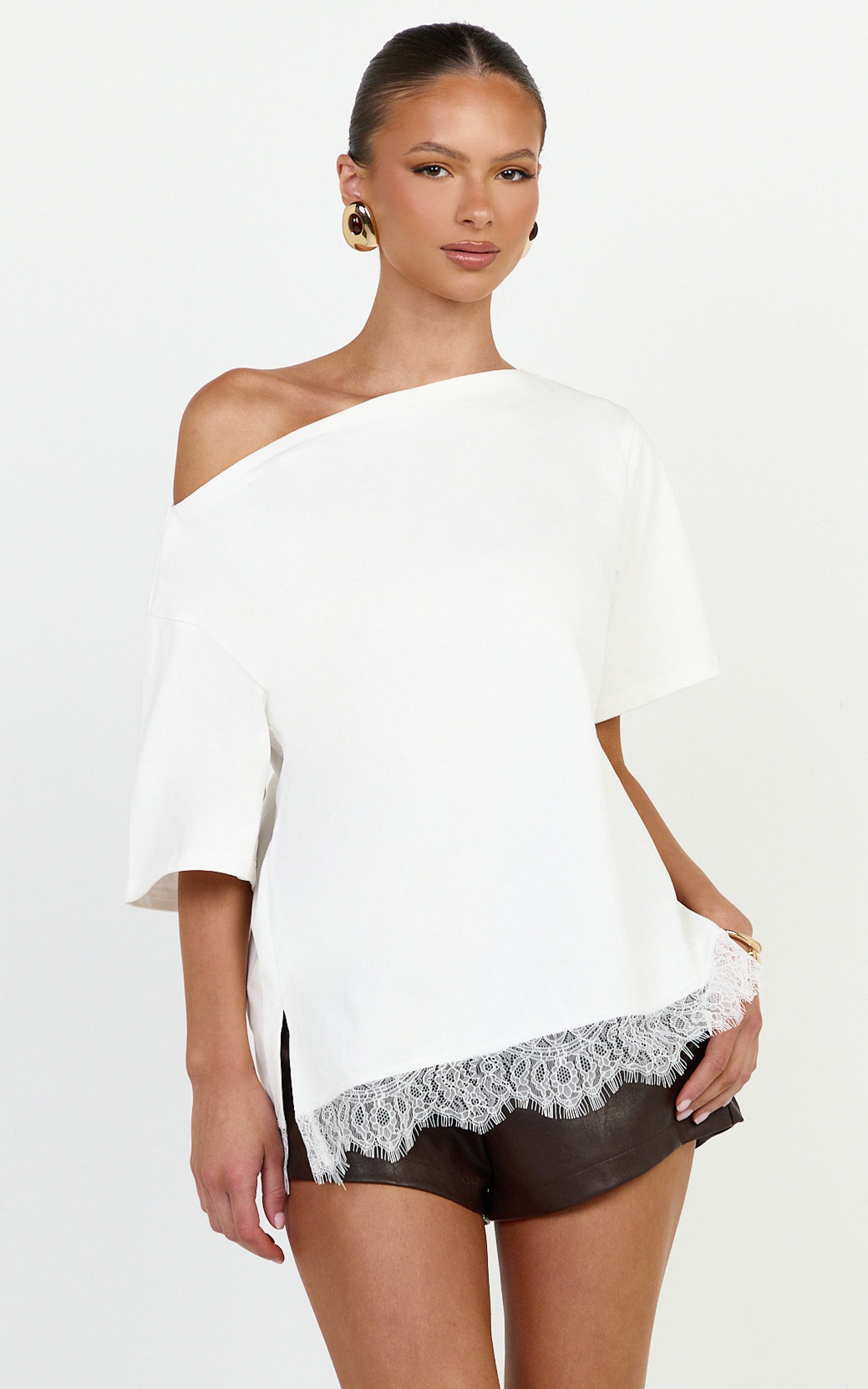 Lyra Top - Asym Lace Trim Tee in White