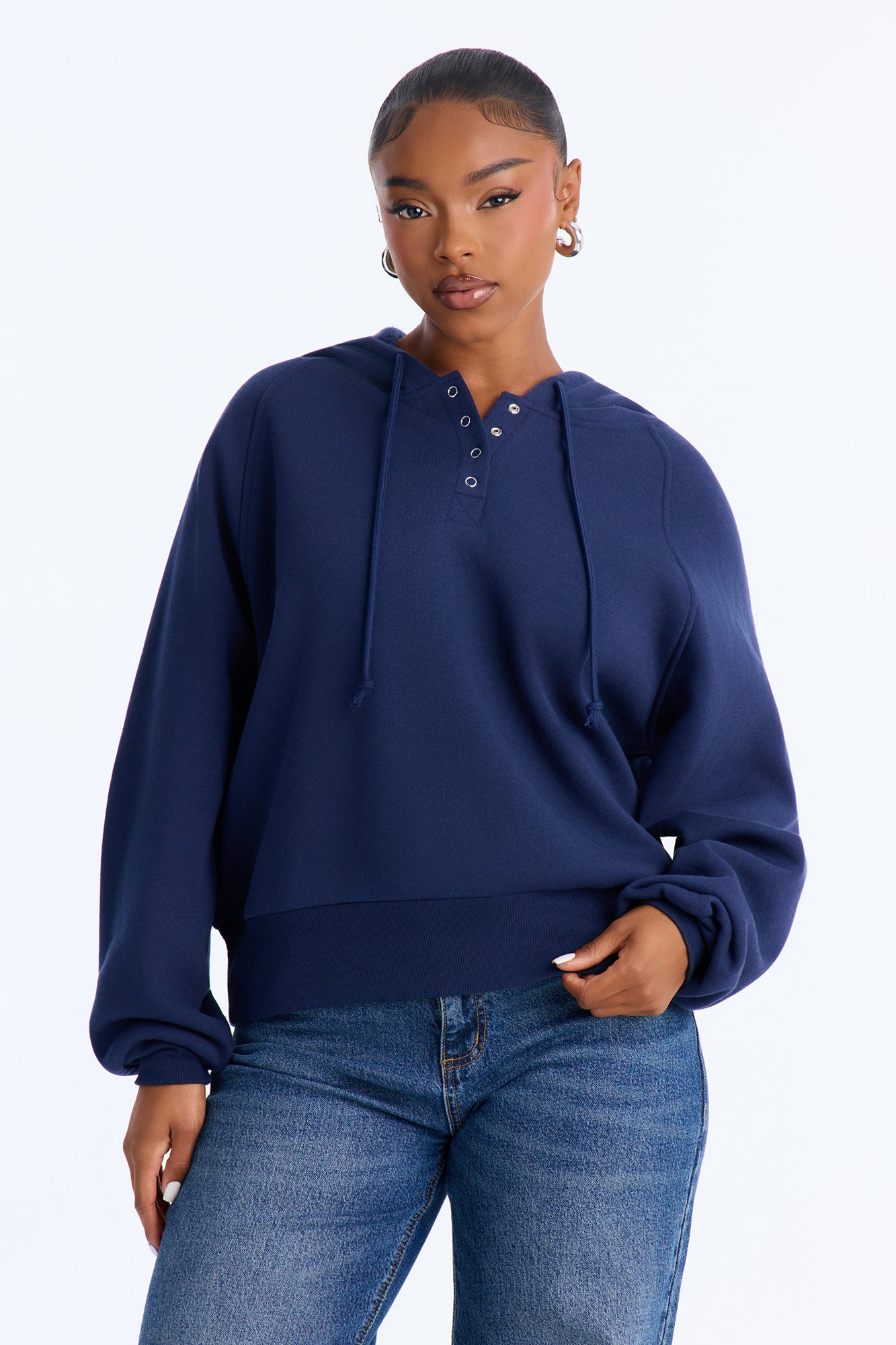Riley Fleece Henley Lounge Hoodie - Navy