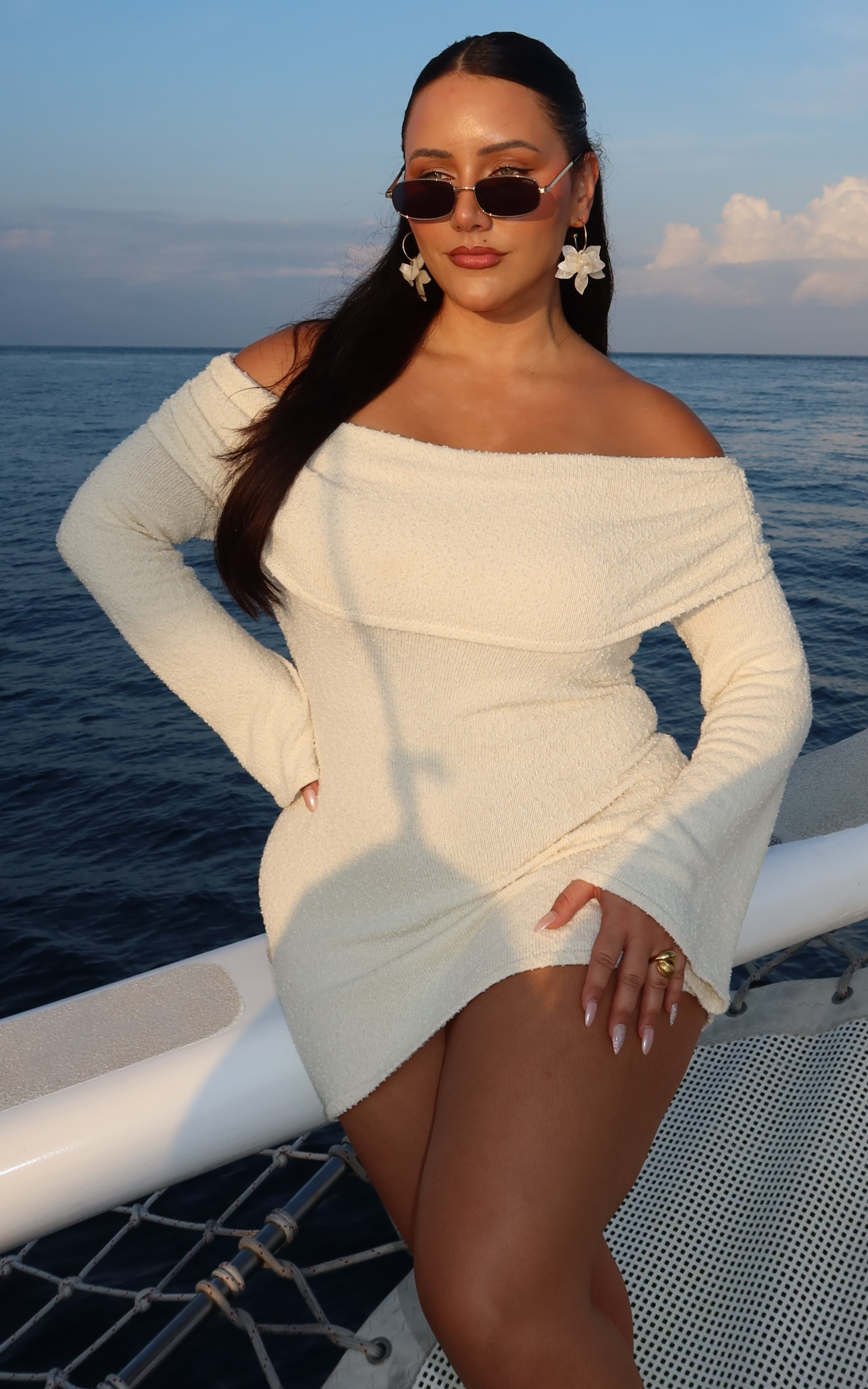 Pietra Mini Dress - Knitted Off Shoulder Dress in Cream