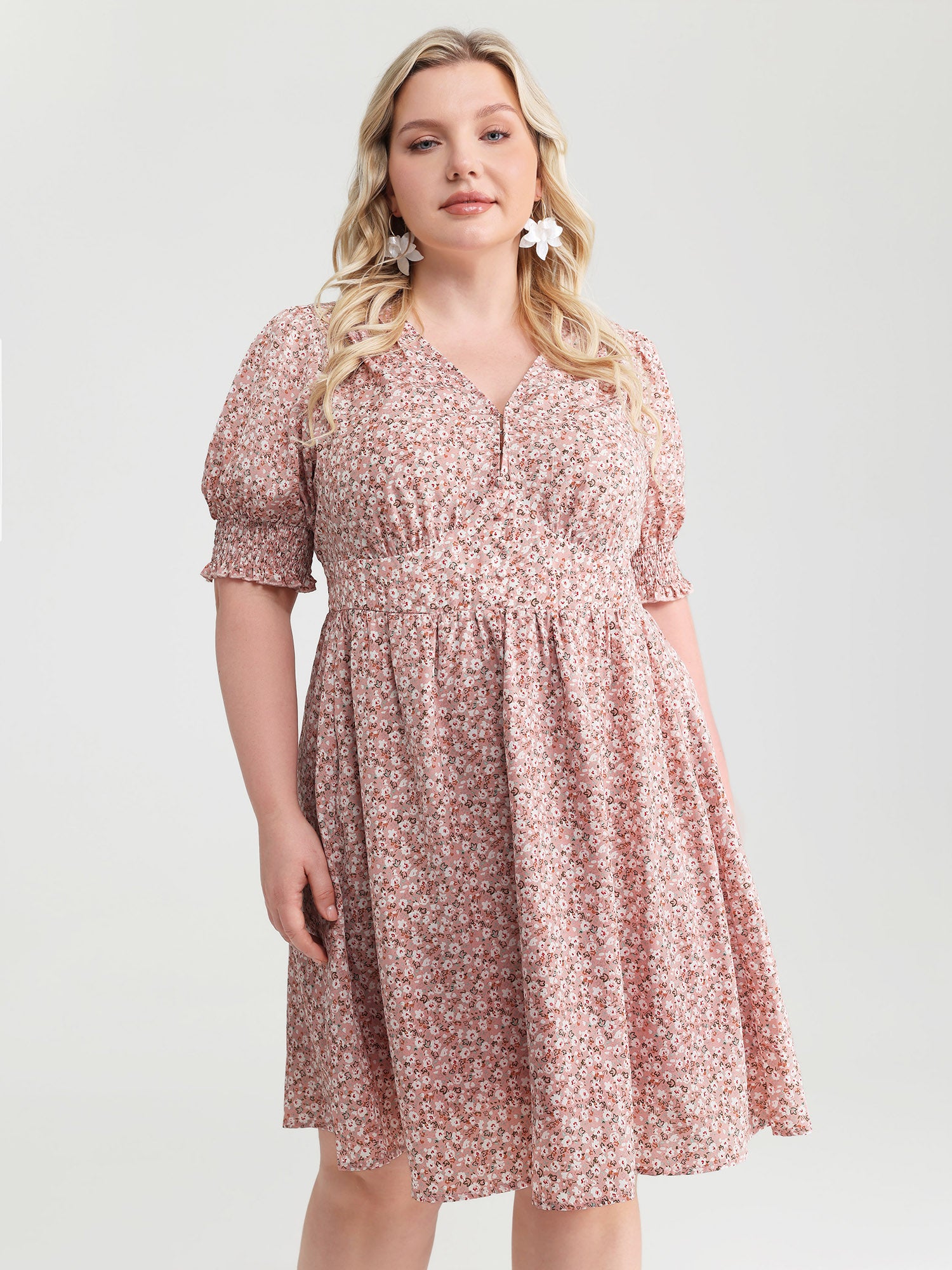 Sweet Floral Print Shirred Cuffs Pockets Midi Dress