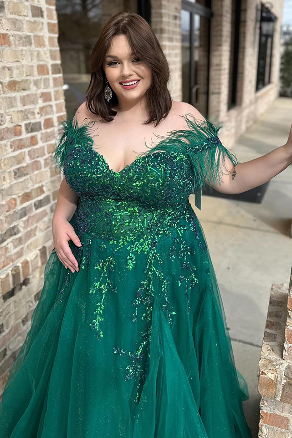 Long Emerald Green Sparkly Princess Prom Dress with Feather and Off-The-Shoulder Sequins Tulle