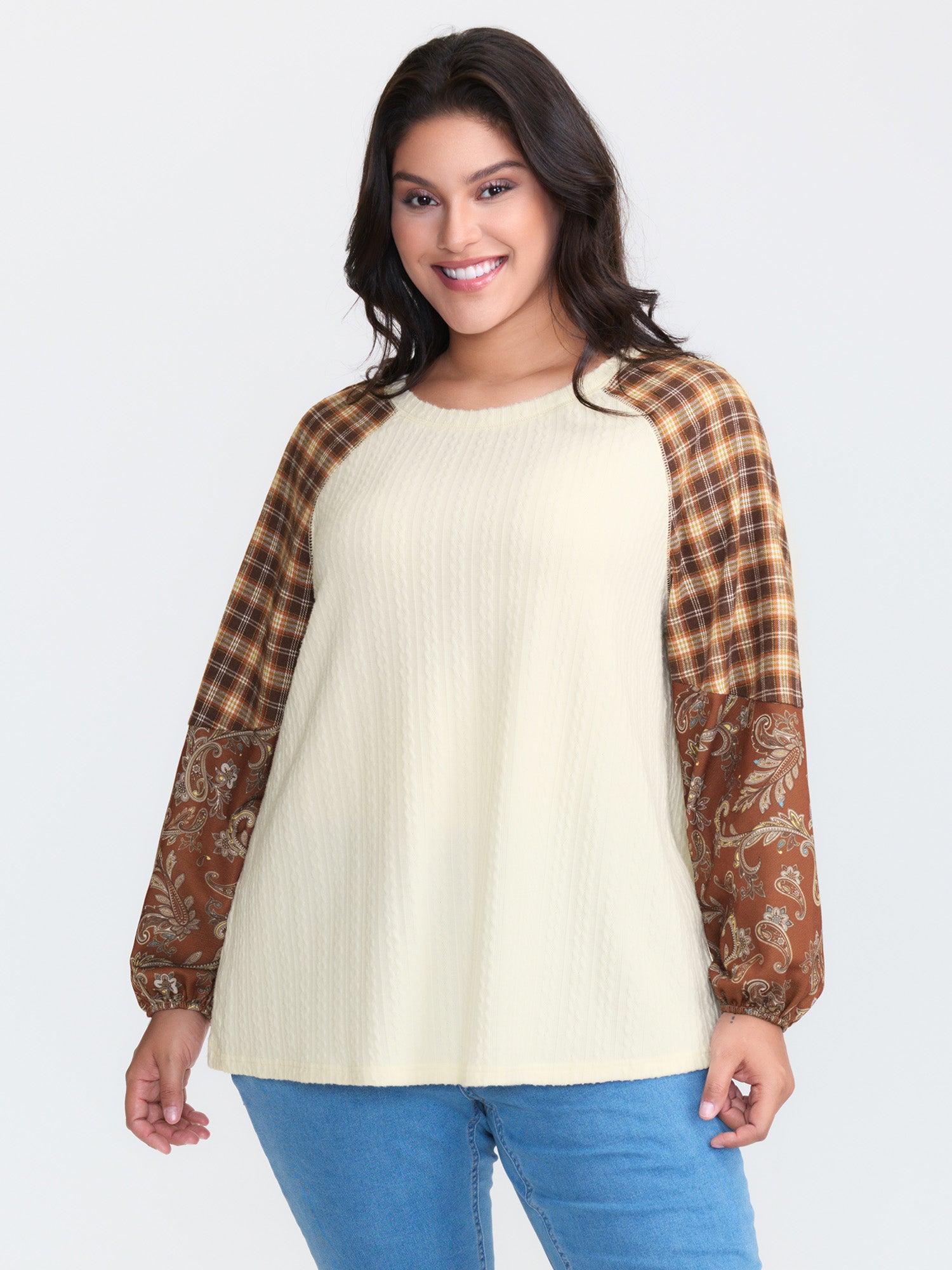 Plaid Paisley Print Textured Sweatshirt