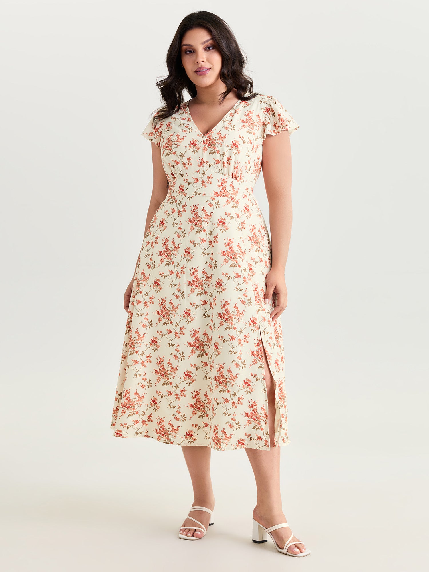 Floral Print Shirred Ruffled Sleeve Midi Dress