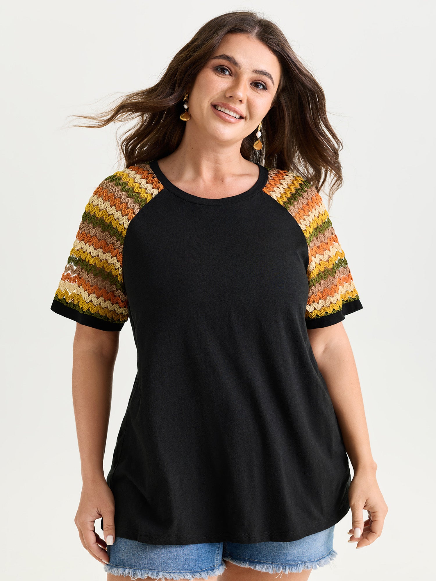 Cotton Colorful Striped Sleeve Knit Top